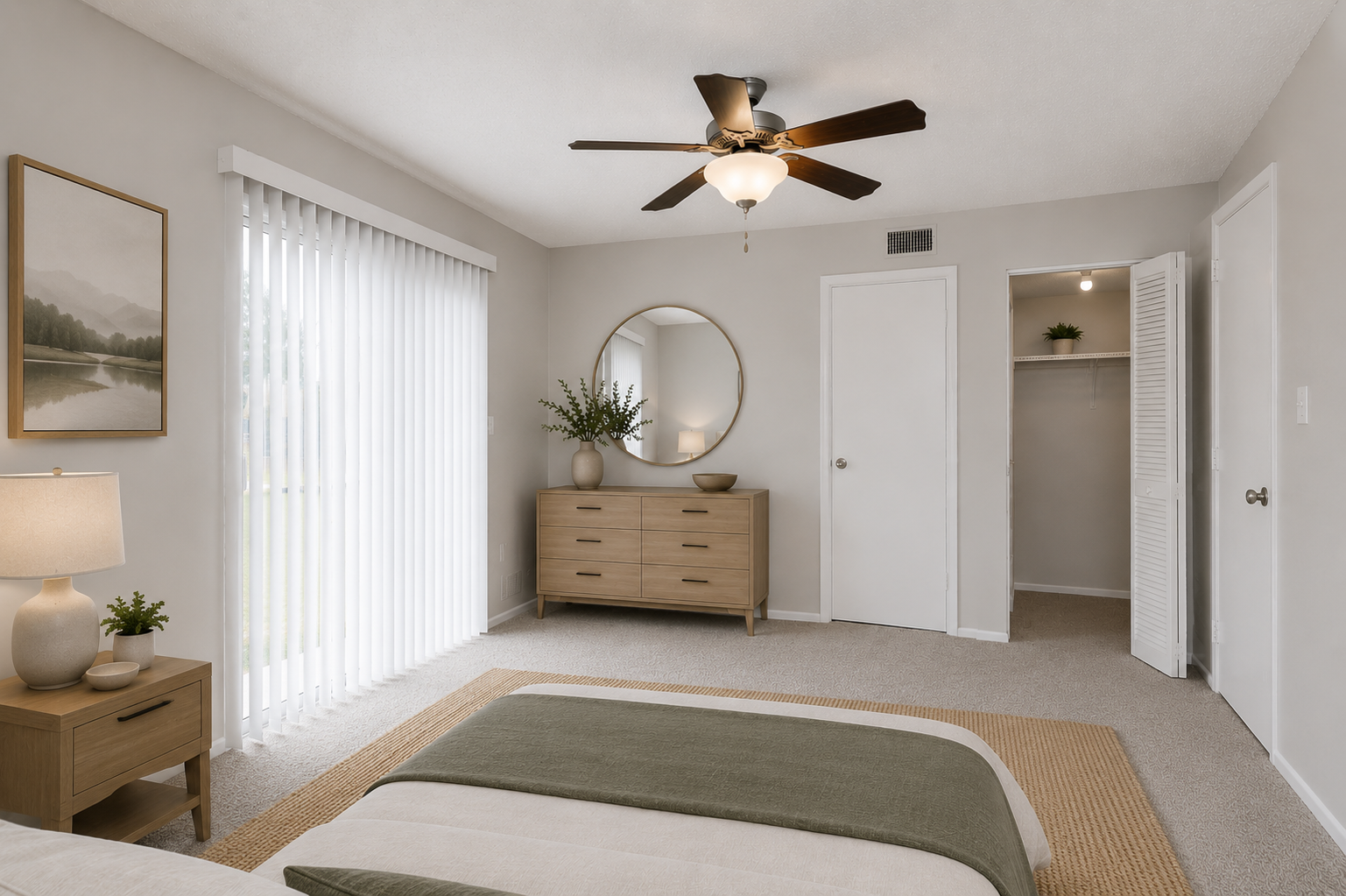 A well-decorated bedroom featuring a ceiling fan, a large window with vertical blinds, and natural light. There's a round mirror above a wooden dresser, a bedside table with a lamp, and a neatly made bed with green and beige linens. A closed closet is visible in the corner.