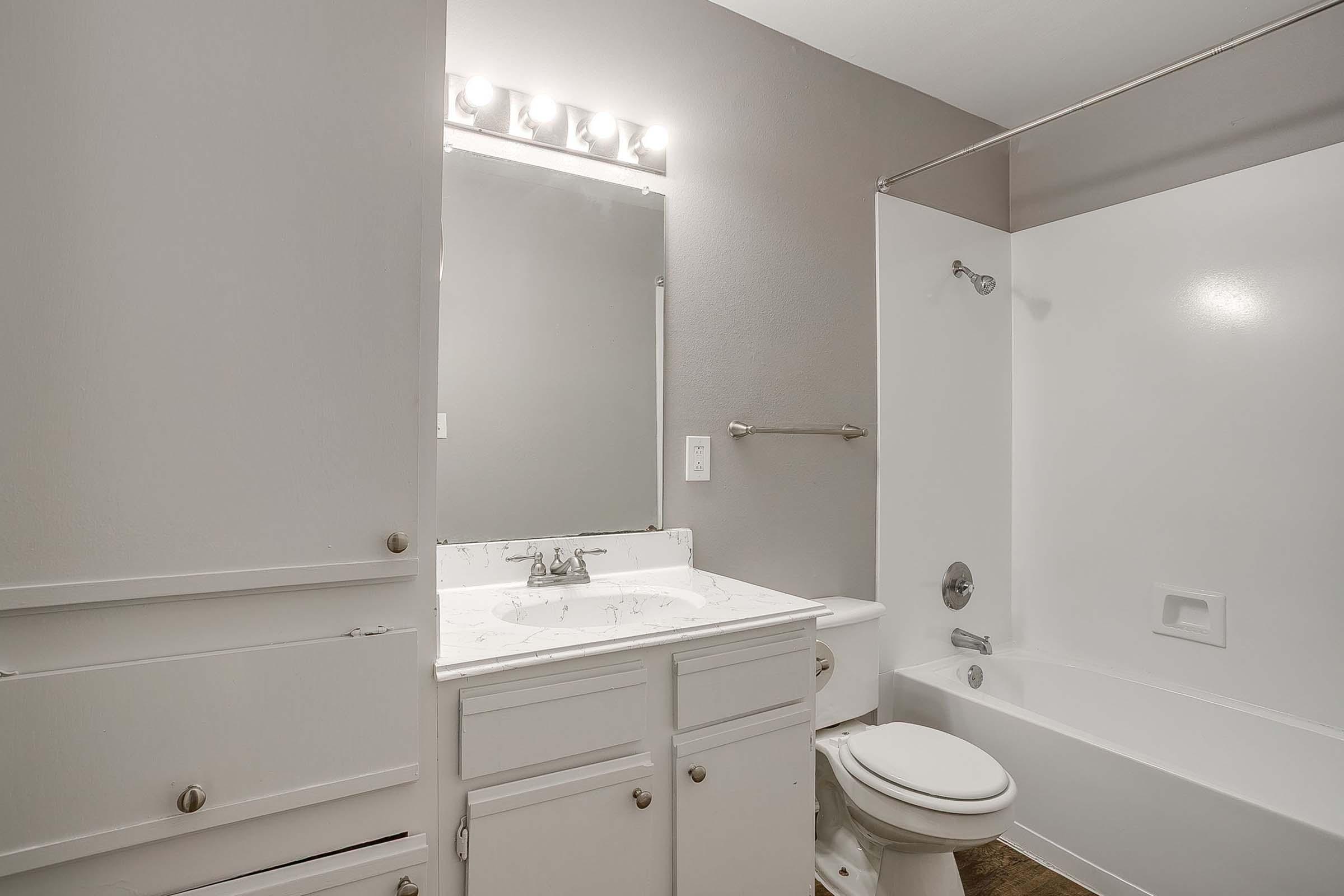 A clean and simple bathroom featuring a white bathtub with a shower, a double sink vanity with a marble countertop, a large mirror above the sinks, and neutral gray walls. The space is well-lit with overhead lights and has adequate storage under the sink.