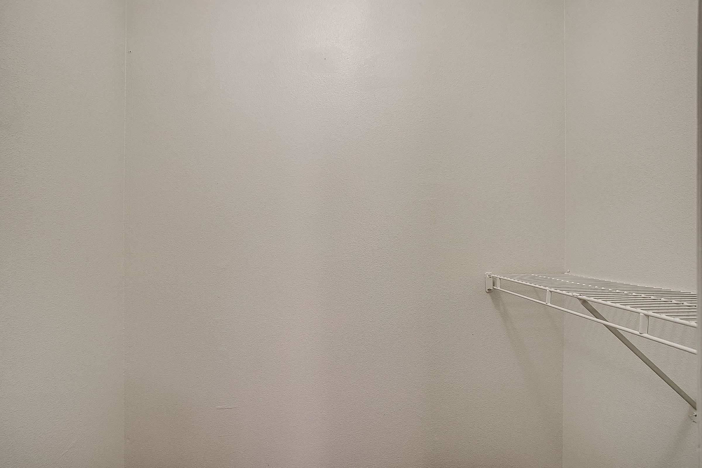 Empty closet with smooth white walls and a metal wire shelf on the right side. The space is well-lit, emphasizing the minimalist design and lack of items.