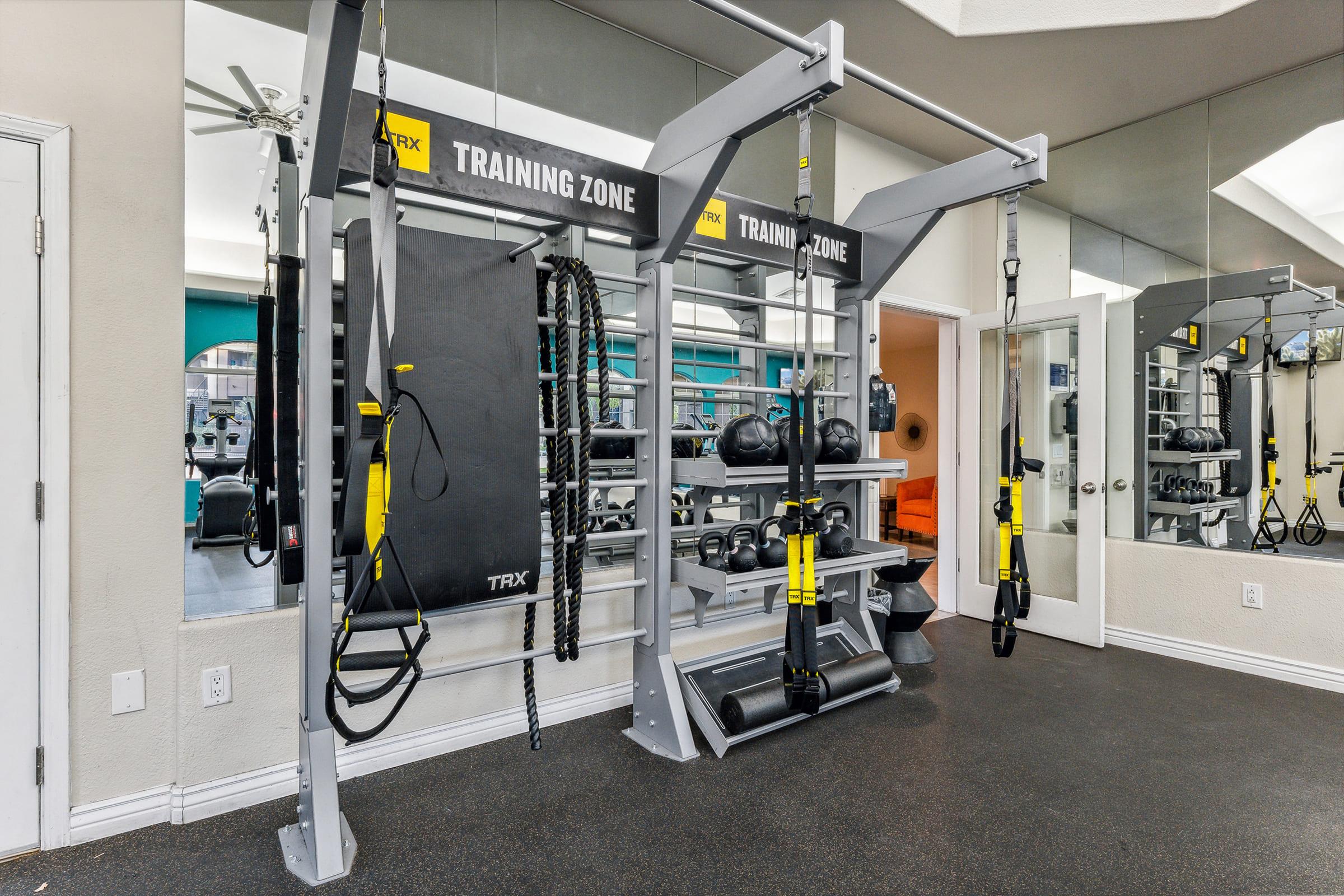 A well-equipped home gym featuring a TRX training zone with suspension straps and weights.