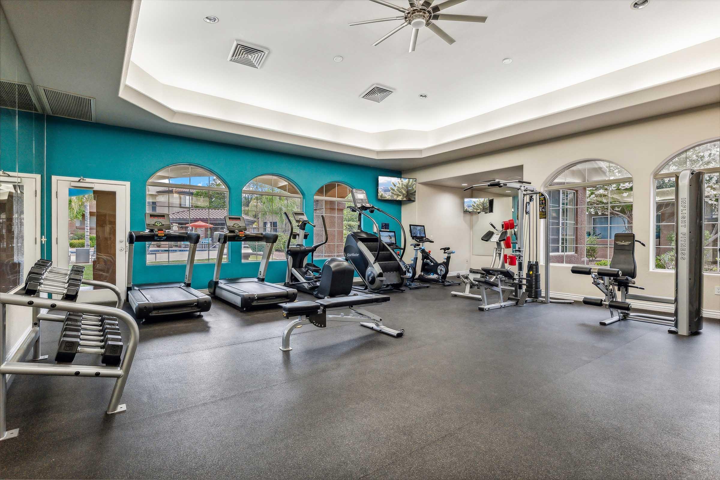 A modern gym interior featuring various exercise equipment including treadmills, stationary bikes, weight machines, and free weights.