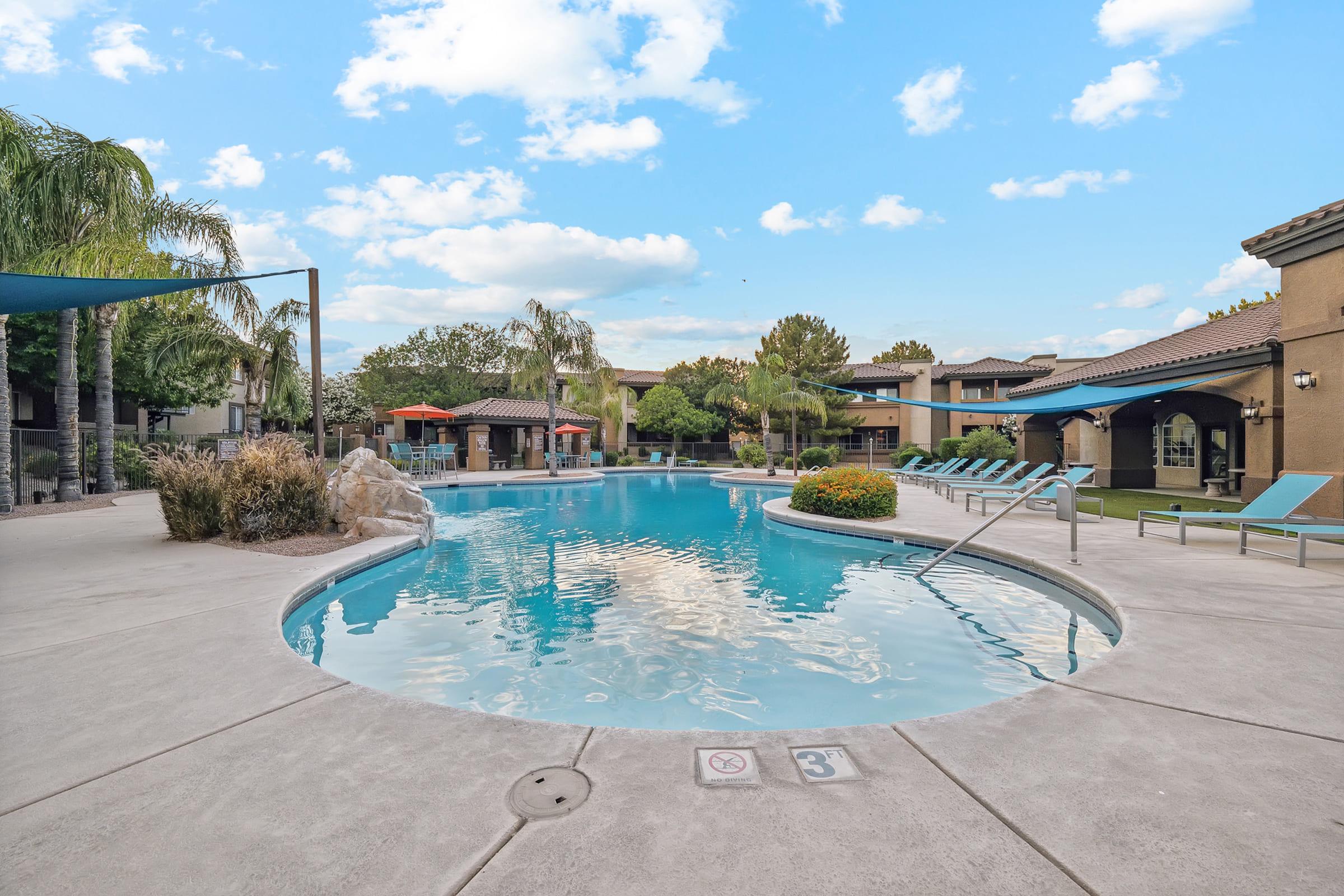 A tranquil swimming pool surrounded by palm trees and lounge chairs, with shaded seating areas and landscaped greenery.