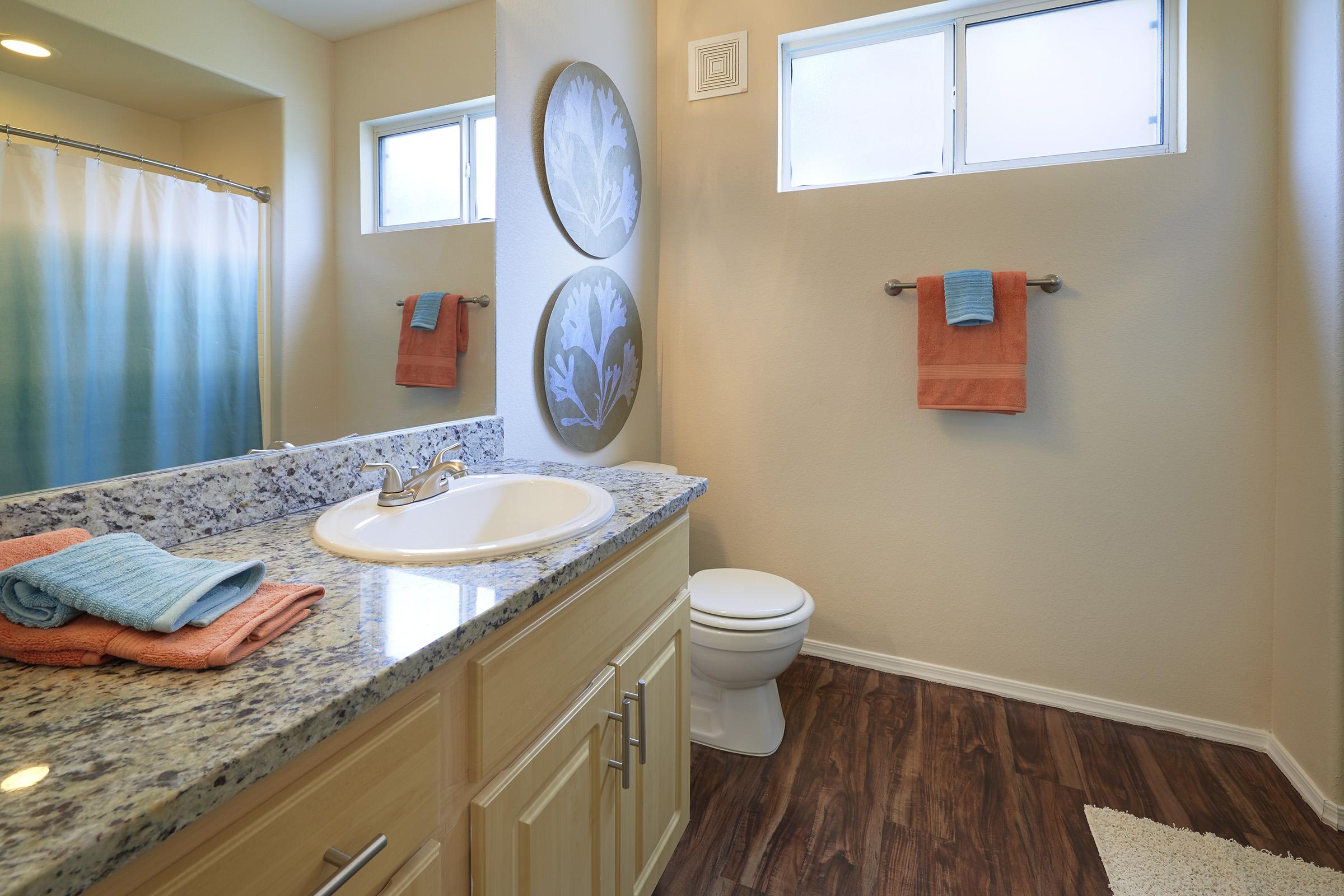 A clean and modern bathroom featuring a granite countertop sink with a faucet, a shower with a gradient blue curtain, and colorful towels hanging on the wall.