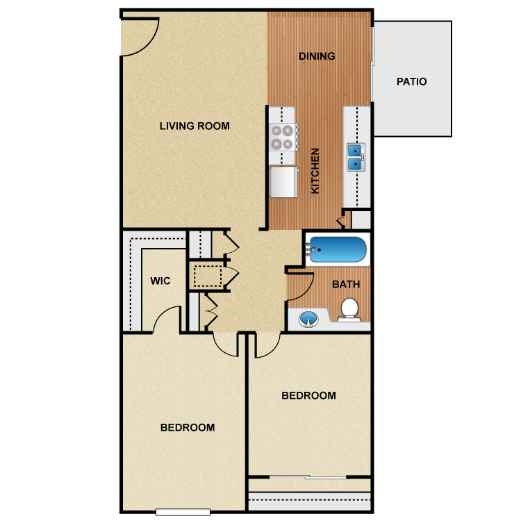 Plan B1, a 2 bedroom 1 bathroom floor plan.