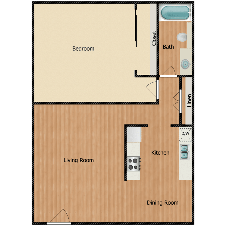 Plan A1, a 1 bedroom 1 bathroom floor plan.