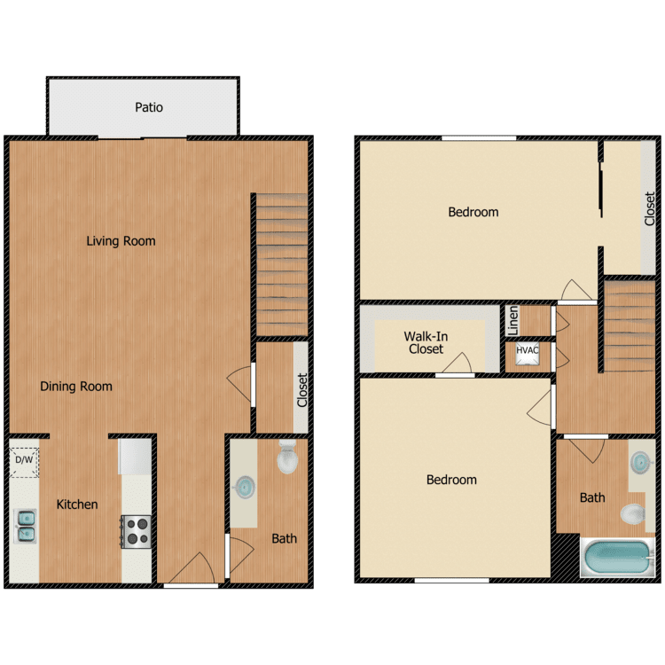 Plan C1, a 2 bedroom 1.5 bathroom floor plan.