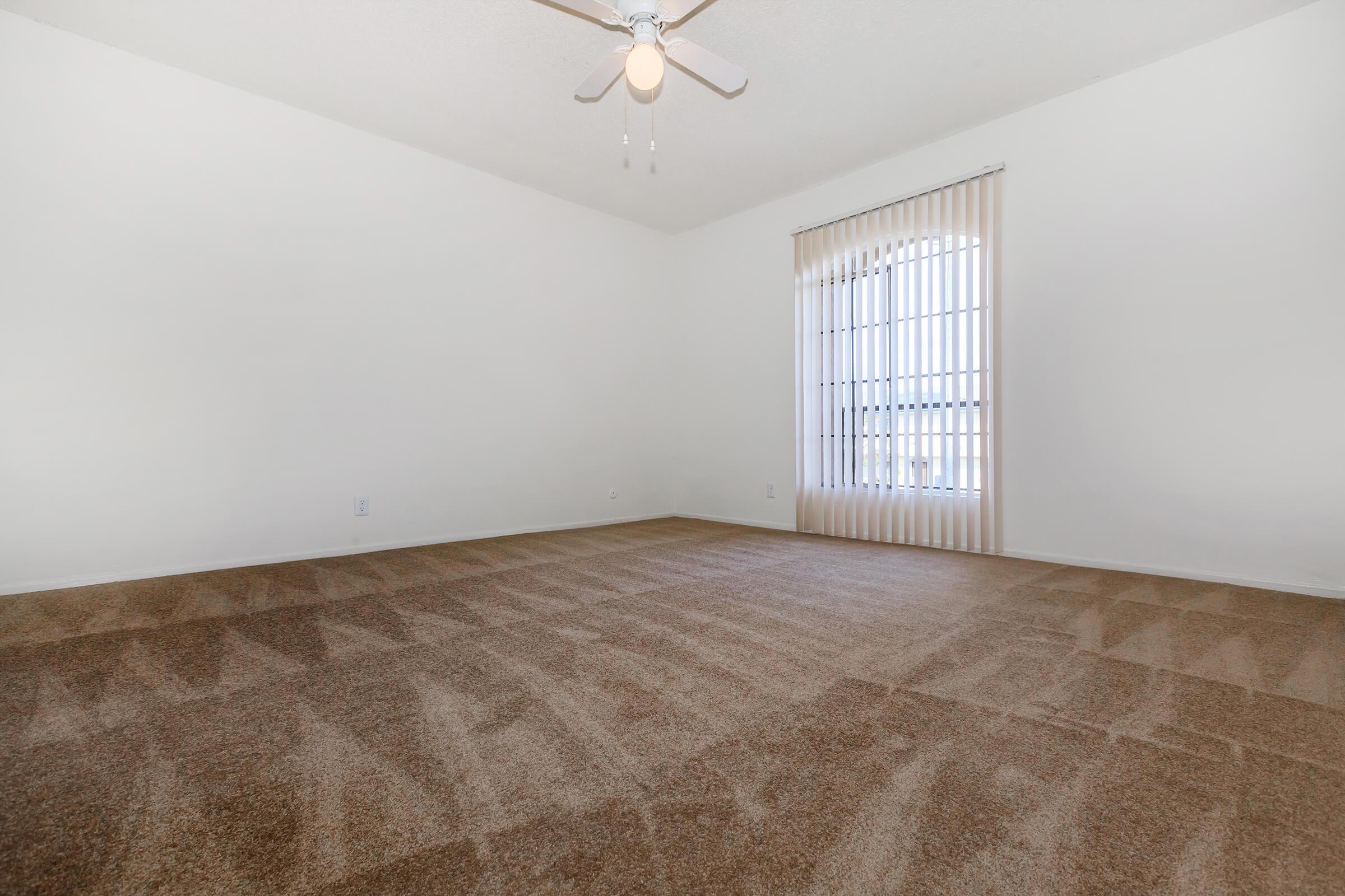 Empty room with beige carpet, white walls, and a ceiling fan. A window with vertical blinds allows natural light to enter, highlighting the spaciousness of the area. The floor shows a pattern from previous furniture placement, suggesting it may be a rental or recently vacated space.