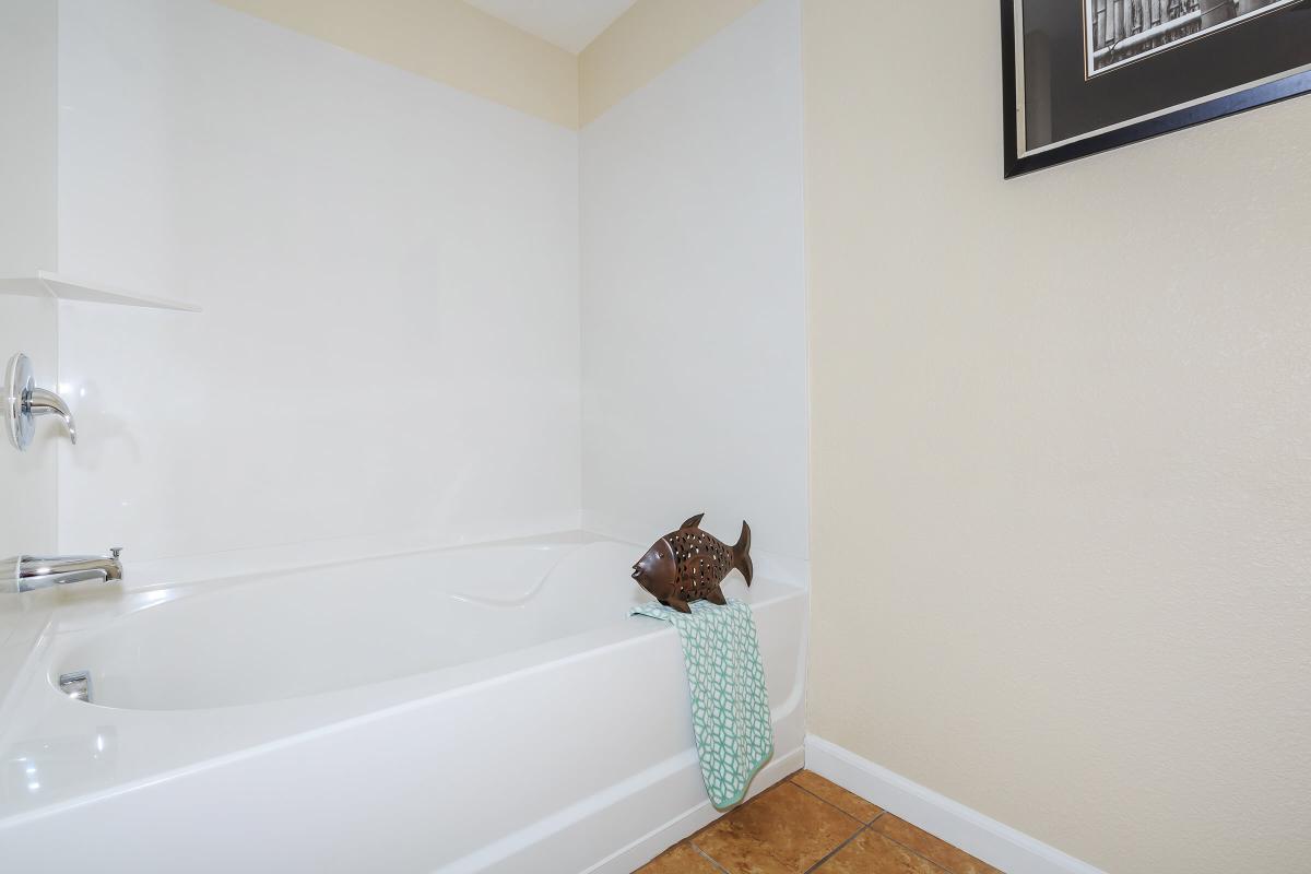 a white tub sitting next to a cat