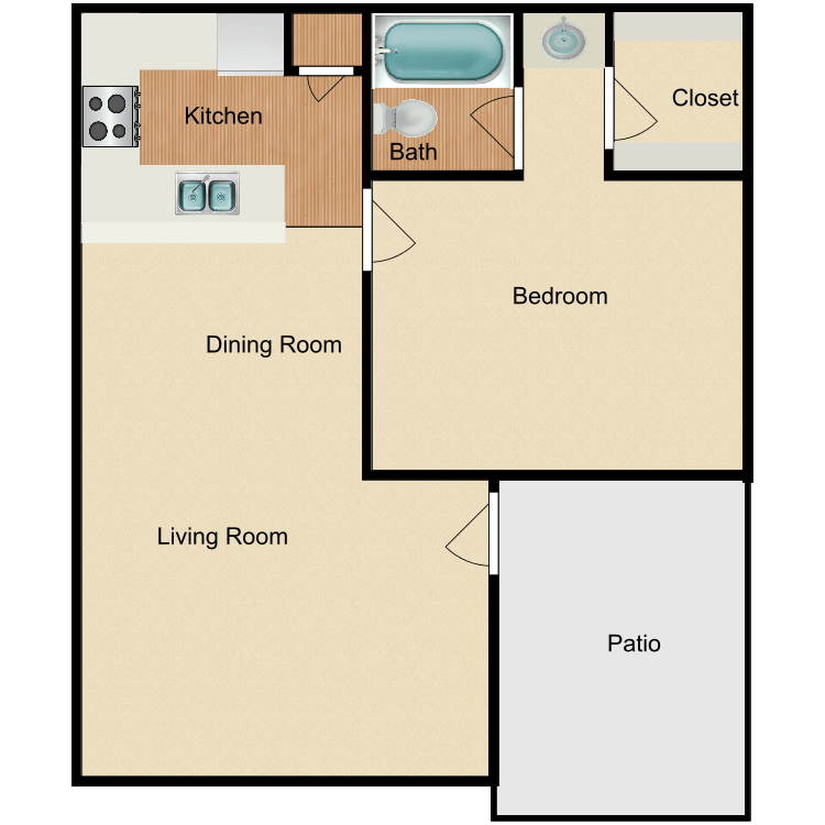The Elms, a 1 bedroom 1 bathroom floor plan.