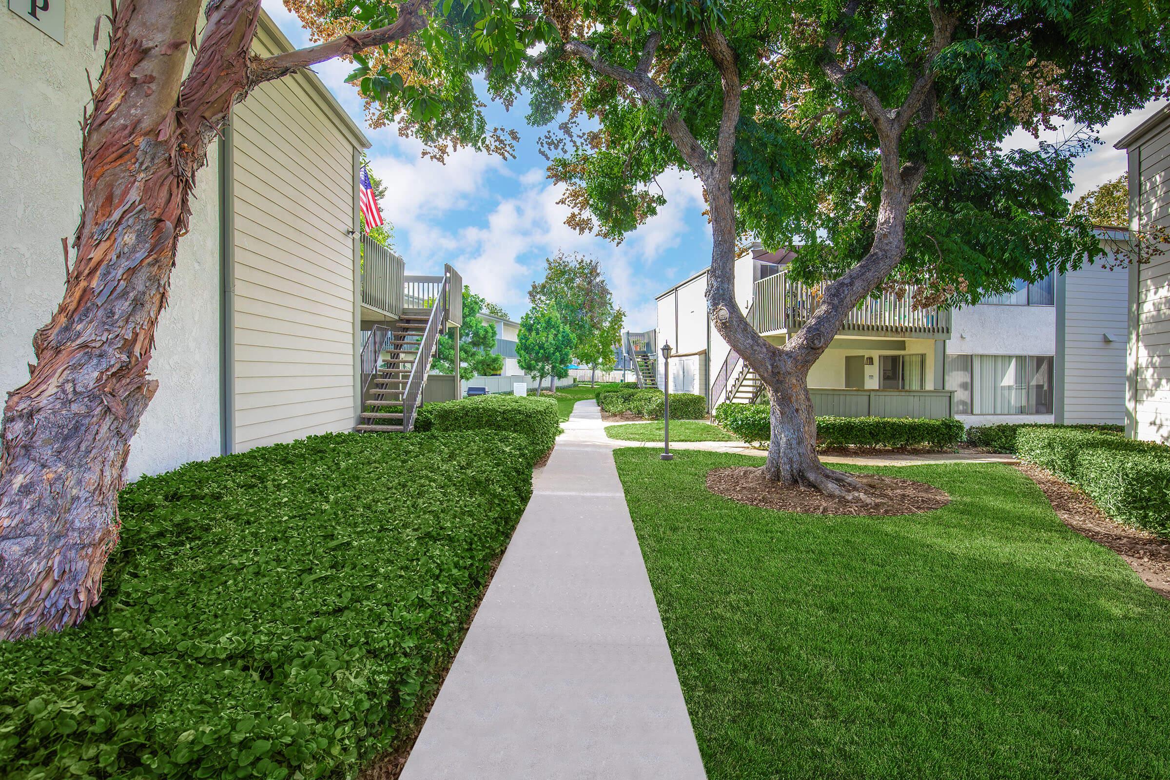 A well-maintained path winding through a landscaped area, flanked by green bushes and trees. In the background, two multi-story apartment buildings are visible, with balconies. A bright, clear sky is overhead, indicating a sunny day.