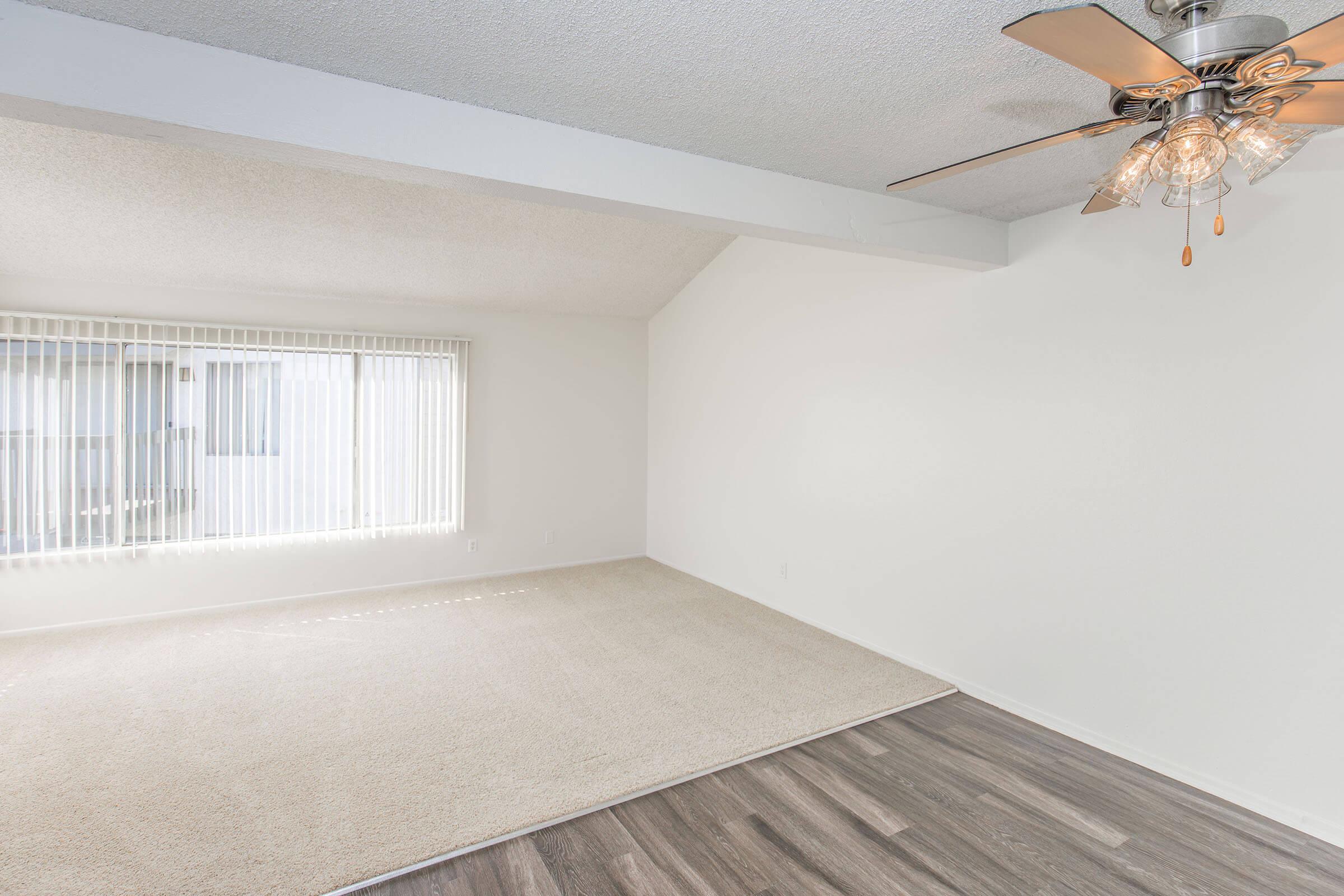 Empty living room featuring light-colored walls, a ceiling fan with lights, and large windows with vertical blinds. The floor is a combination of carpet and laminate, creating a bright and airy atmosphere.