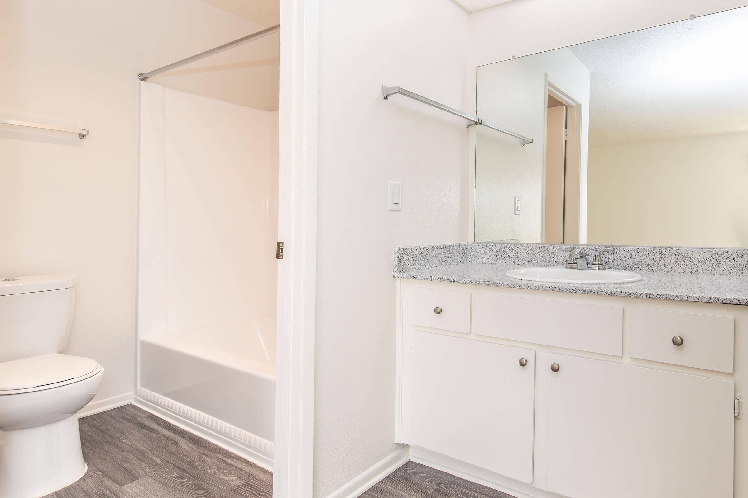 A clean and modern bathroom featuring a toilet, a bathtub with a shower curtain, a double sink vanity with a granite countertop, and a large mirror. The walls are painted white, and the flooring is a dark wood-like material, creating a bright and inviting space.