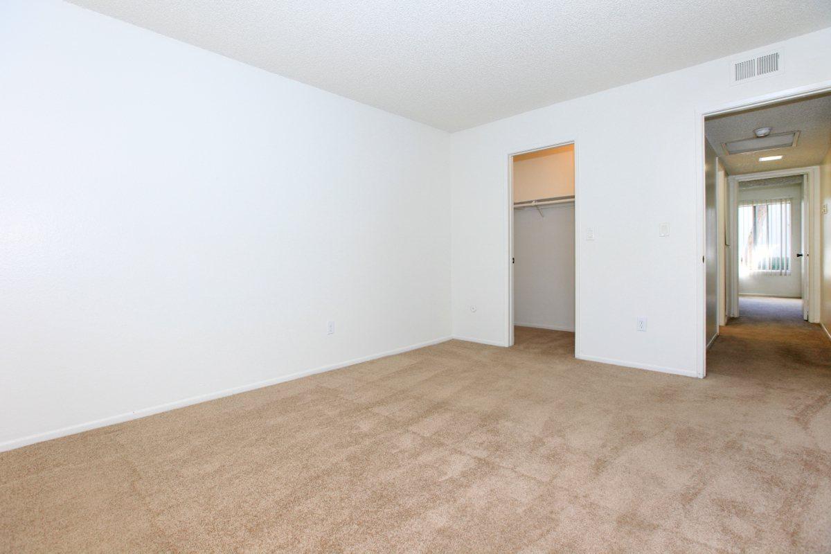 Bedroom with open closet door