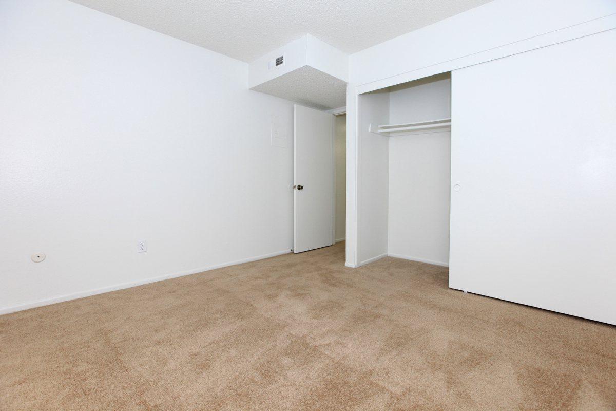 Bedroom with carpet and open sliding closet door