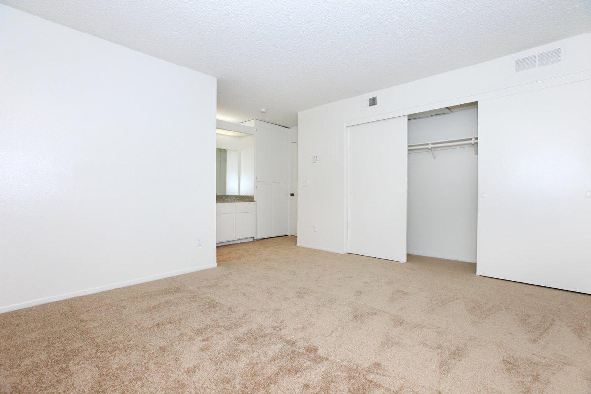 Carpeted bedroom with open sliding closet doors