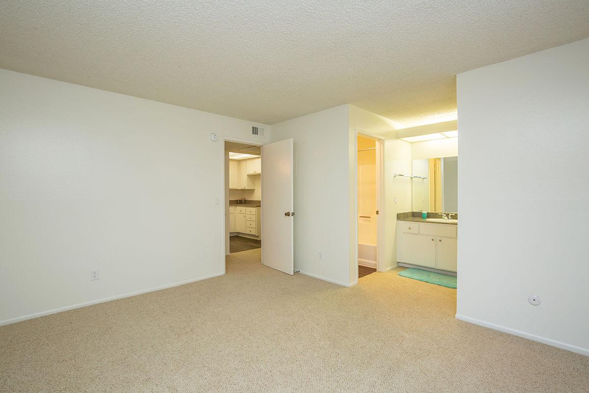 Carpeted bedroom with bathroom sink