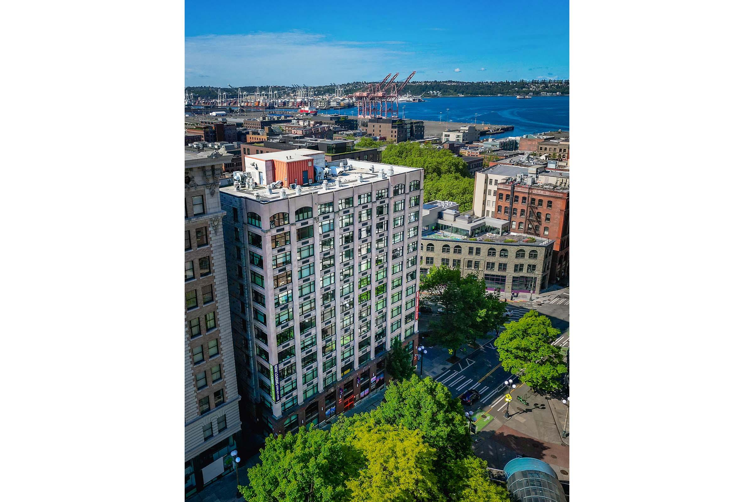 Aerial view of a multi-story building surrounded by trees and streets, with a harbor in the background. The skyline features cranes and boats on the water, indicating an urban waterfront setting. Bright blue sky enhances the vibrant city atmosphere.