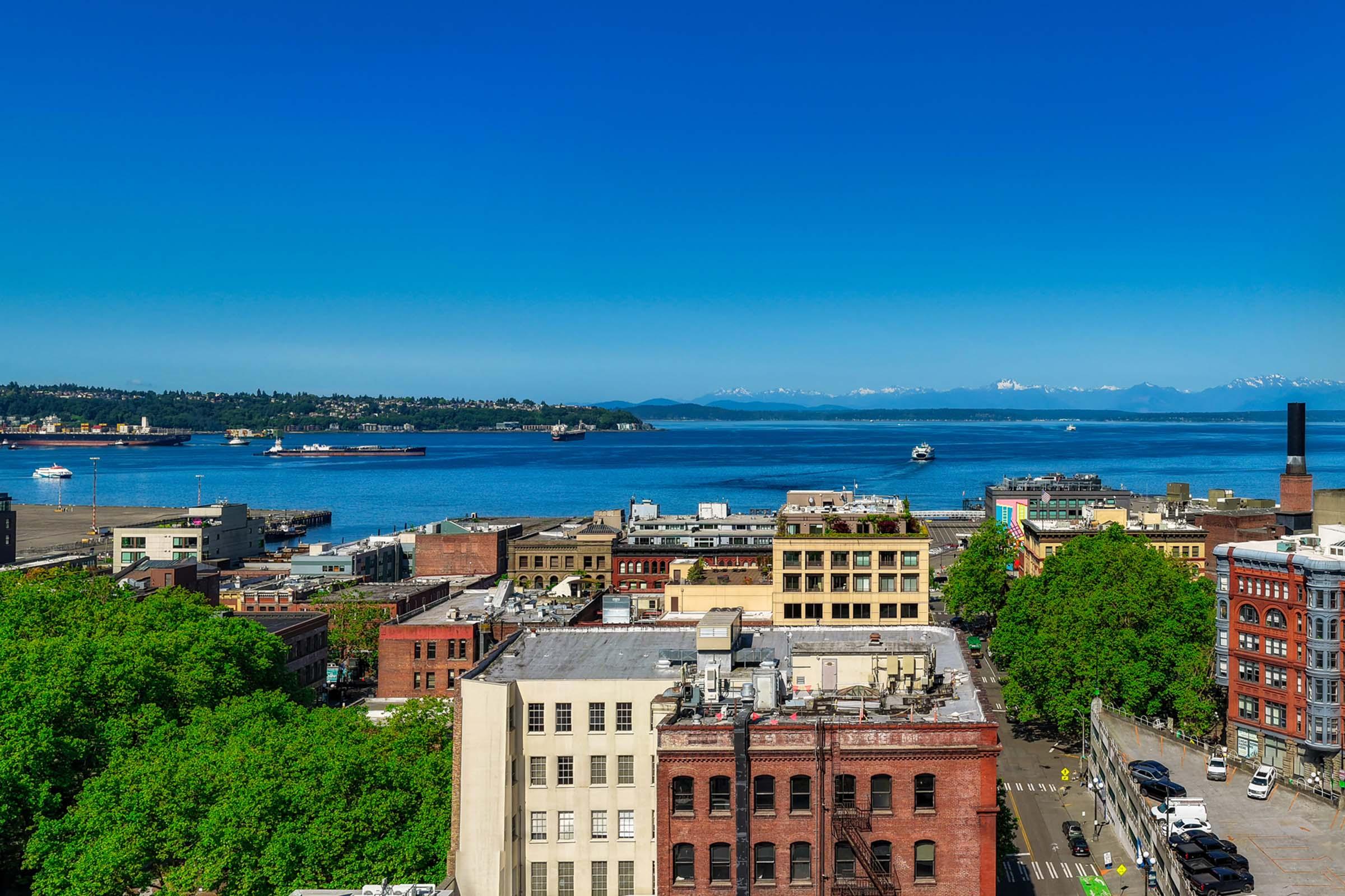 A panoramic view of a coastal city with a bright blue sky and distant mountains. The foreground features a mix of historical and modern buildings, lush green trees, and bustling waterfront activity, including ships and boats on the water.