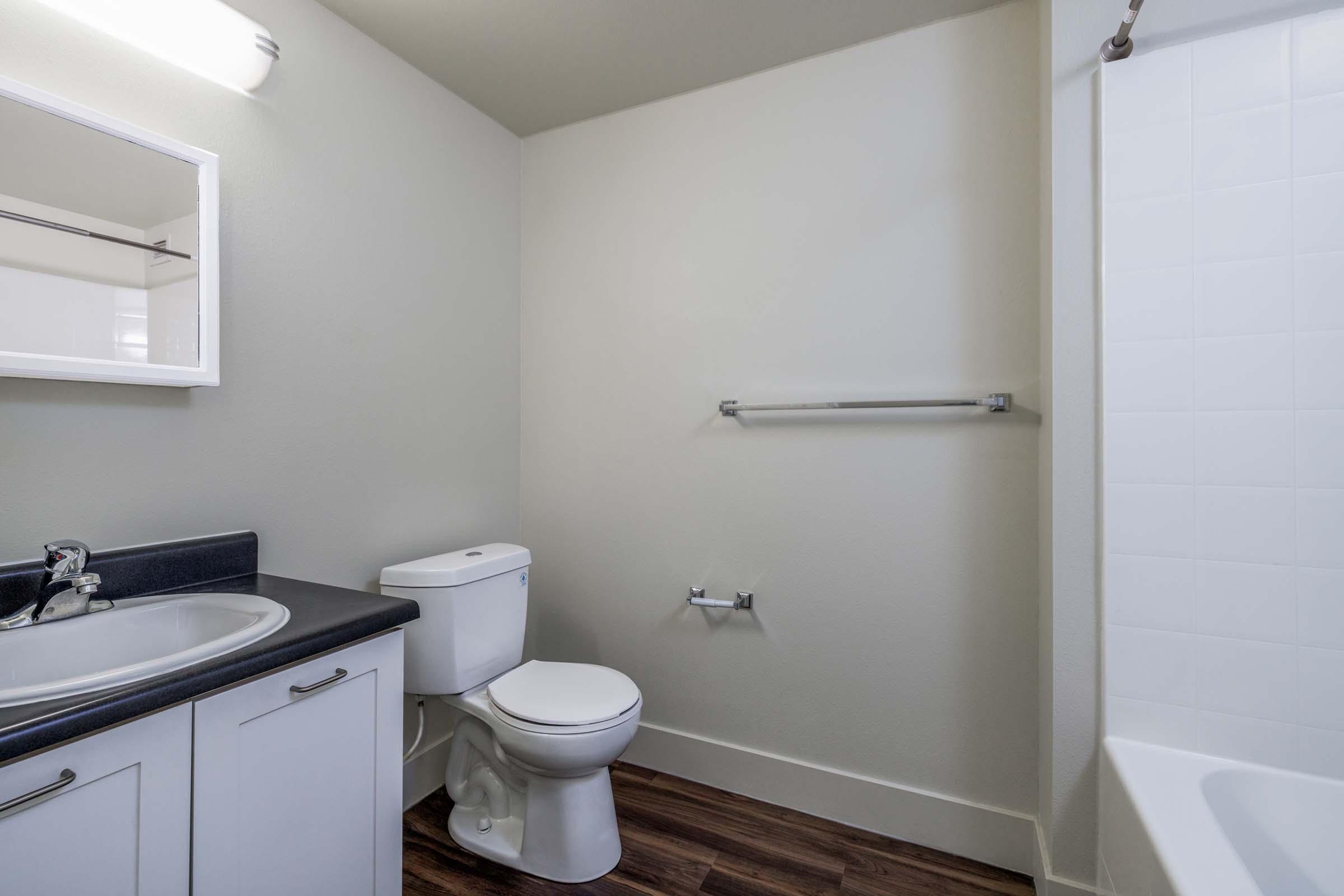 A clean, modern bathroom featuring a sink with a mirror above it, a toilet, and a bathtub with a shower. The walls are painted a light gray, and the floor is a dark wood texture. The space appears well-lit and minimalist.