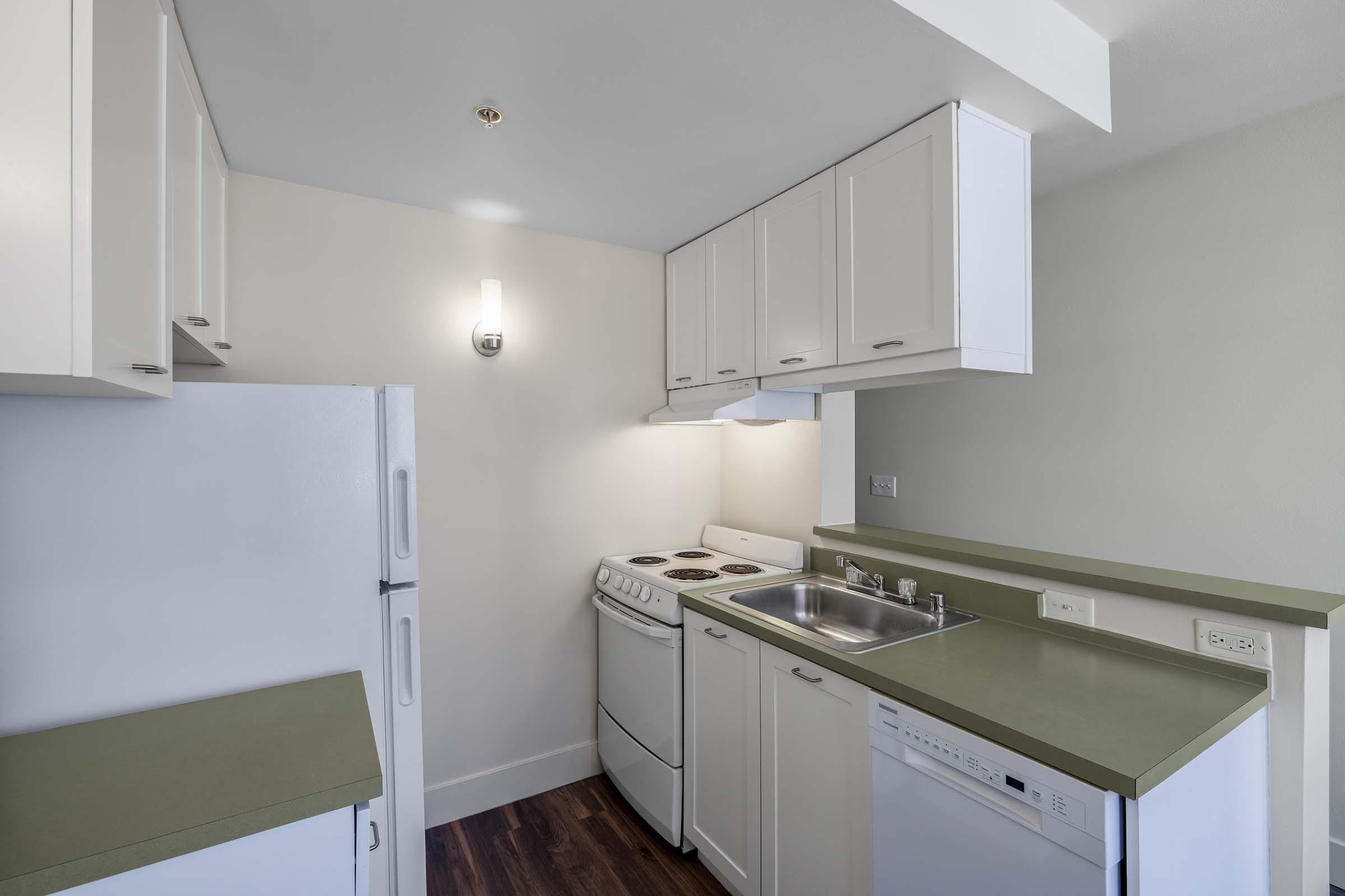 A modern kitchen featuring white cabinets, a green countertop, a stove, and a double sink. It includes a refrigerator and a dishwasher, with neutral-colored walls and wood-like flooring, providing a clean and functional space for cooking and meal preparation.