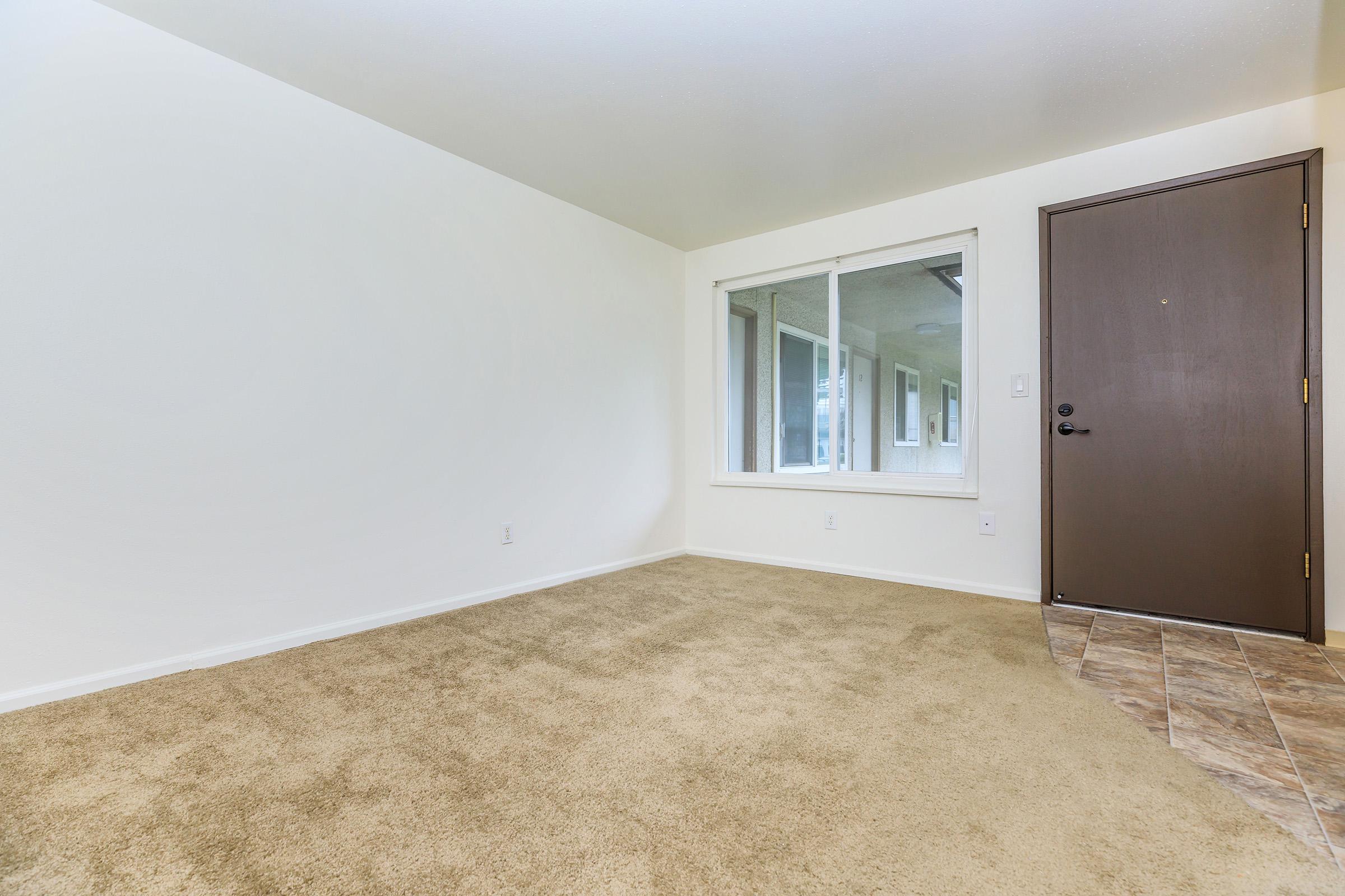 A vacant room with light beige carpet and plain white walls. A large window on one wall allows natural light to fill the space. The entrance door is dark brown, adding contrast. The flooring near the door features patterned tiles, creating a transition from the carpet.
