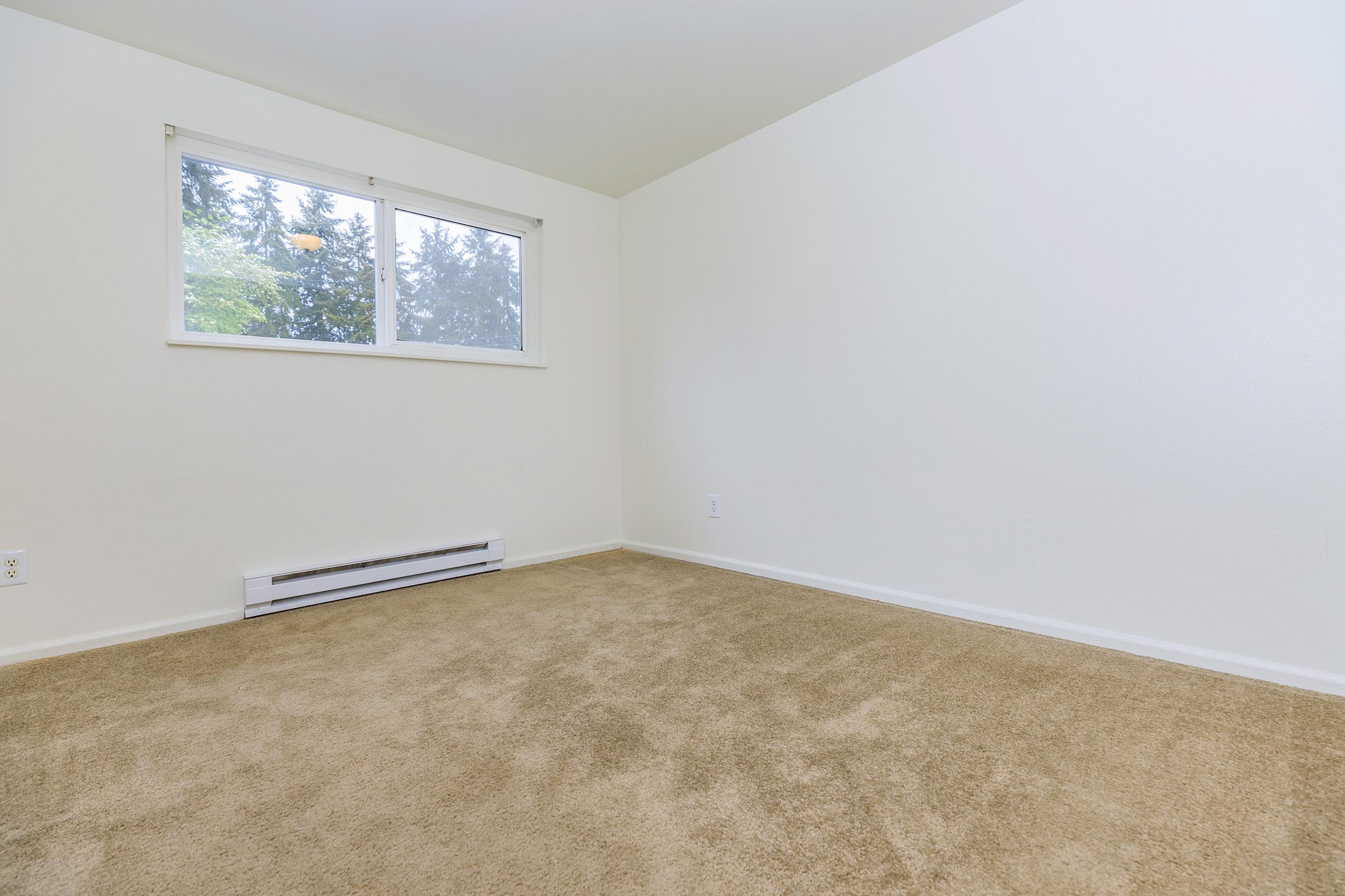 A spacious empty room featuring light beige carpet and a large window that lets in natural light. The walls are painted in a neutral color, and there's a baseboard heater below the window. The room appears clean and ready for furniture placement.