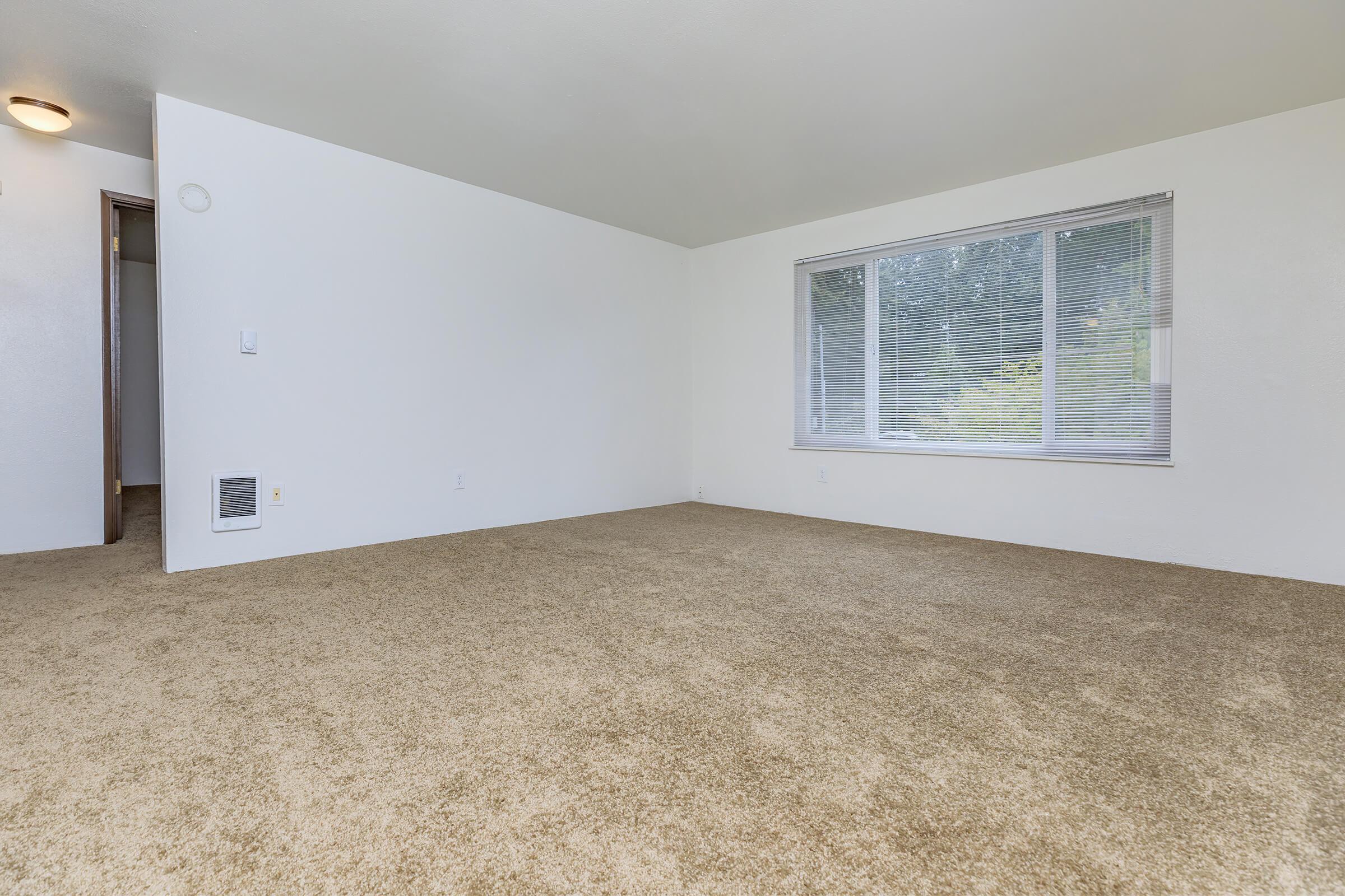 A spacious, empty room with light beige carpet and white walls. A large window allows natural light to fill the space. The room has a ceiling light fixture and a small wall vent. There is a doorway leading to another area of the home, indicating the layout of the living space.