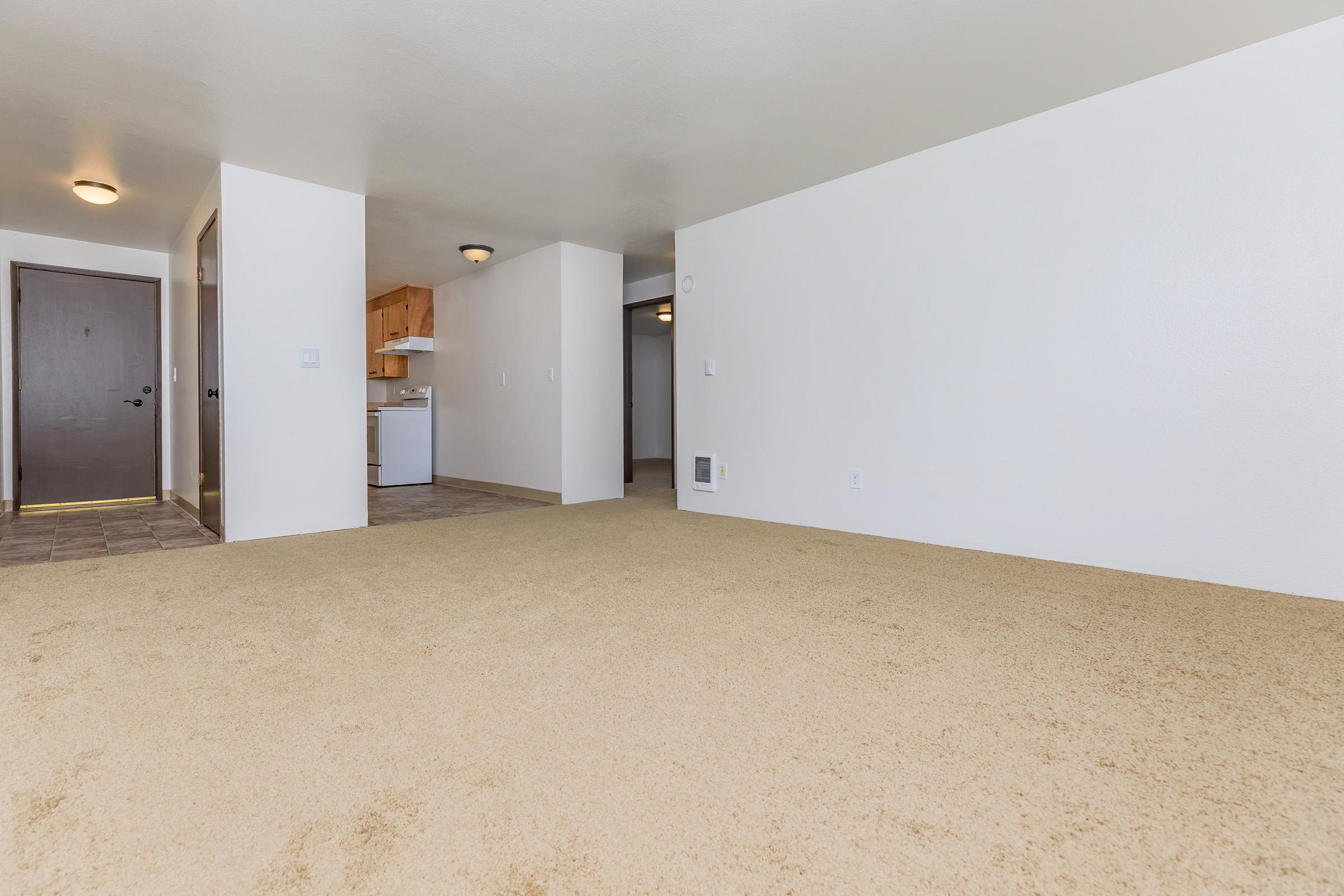 Spacious, empty living room with beige carpet and light-colored walls. A doorway leads to a kitchen in the background, featuring wooden cabinets. The space is well-lit with ceiling lights and has a cozy, inviting atmosphere, ideal for personalization and furniture arrangement.