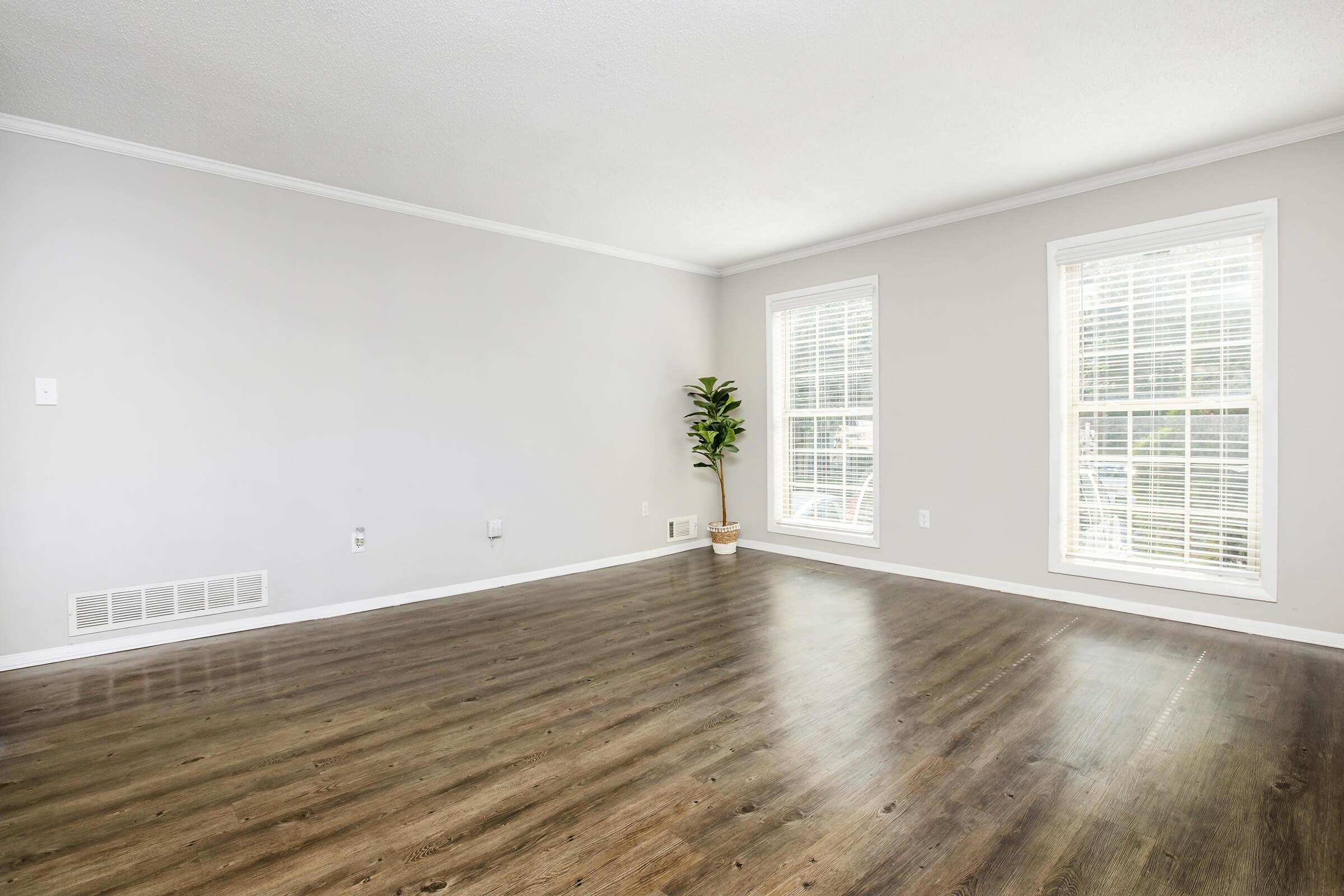 Spacious, empty living room with light-colored walls, large windows allowing natural light, and a stylish indoor plant in a pot. The floor is a rich, dark wood. The room features a clean and modern design, suitable for various furniture arrangements.