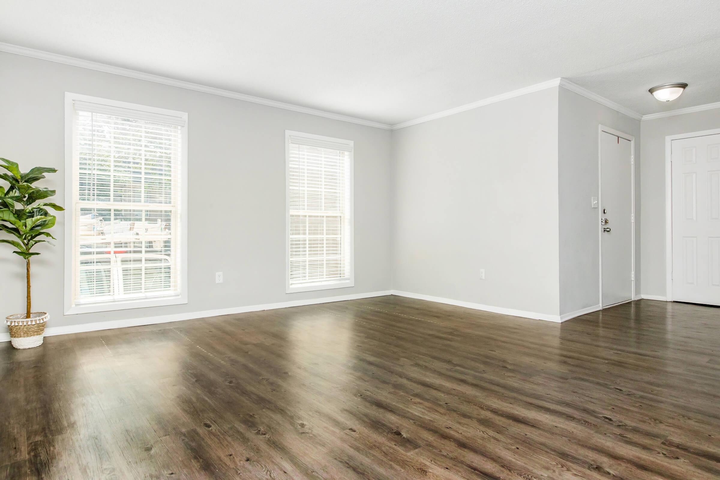Spacious, empty living room with light gray walls and large windows allowing natural light. Dark wood laminate flooring complements a simple design. A potted plant is in the corner, adding a touch of greenery. The room features a door leading outside, enhancing the inviting atmosphere.