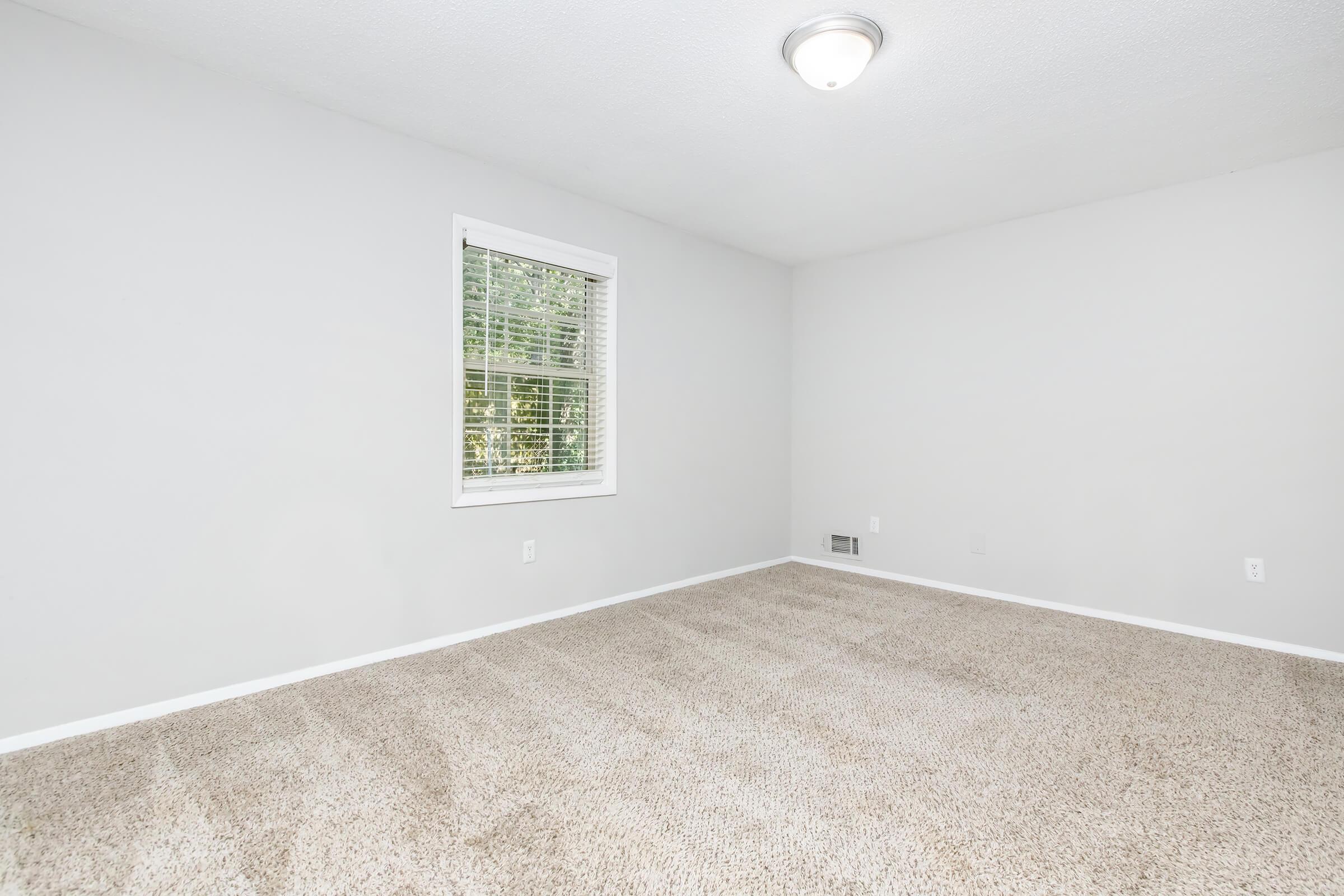 Empty room with light gray walls and beige carpet. A window with blinds allows natural light to enter. A ceiling light fixture is visible. The room is spacious, with no furniture or decorations present, creating a clean and simple aesthetic.