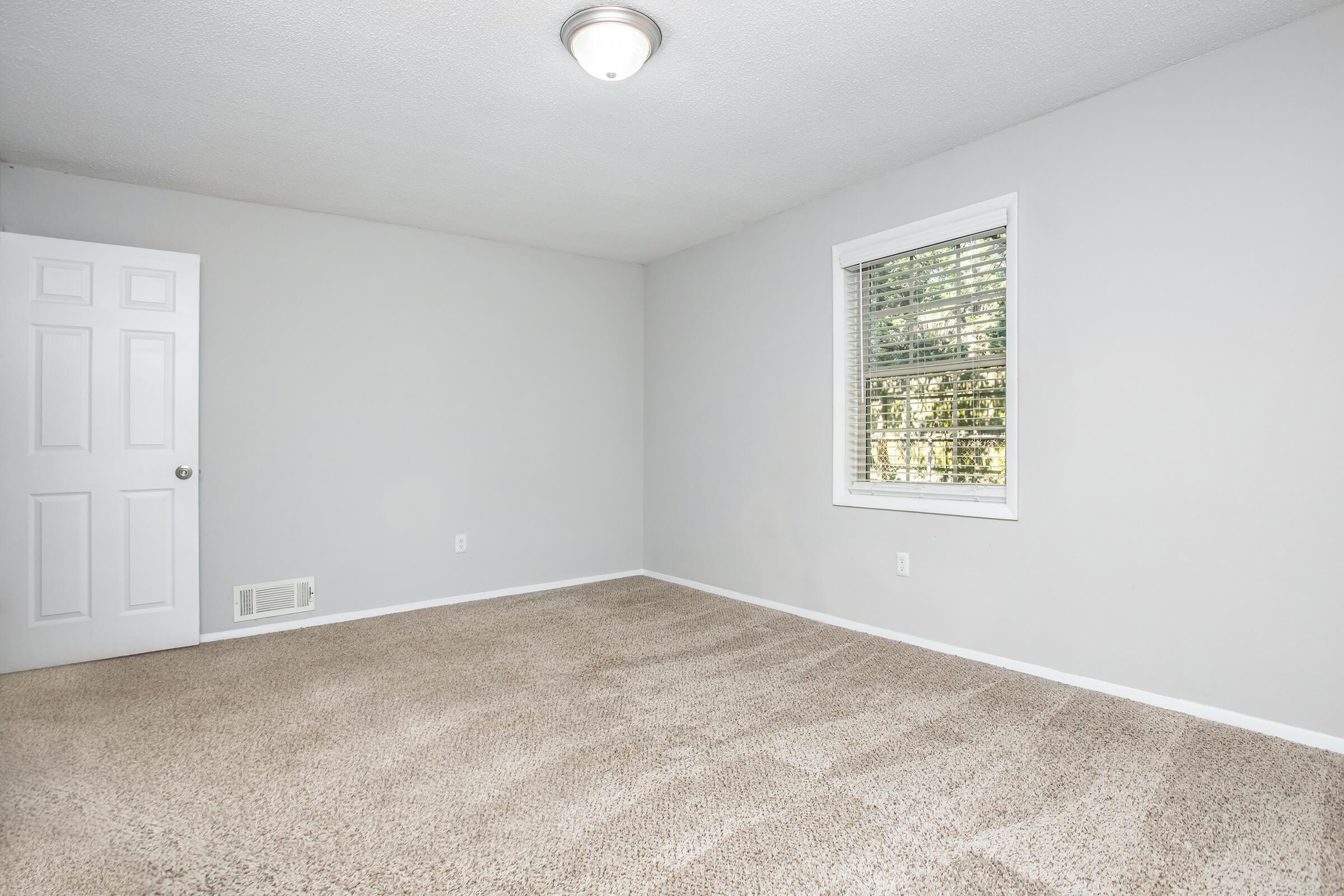 Empty room with light gray walls and beige carpet. There is a white door on the left, a window with blinds on the right, and a ceiling light fixture. Natural light streams in through the window, illuminating the spacious, uncluttered area.