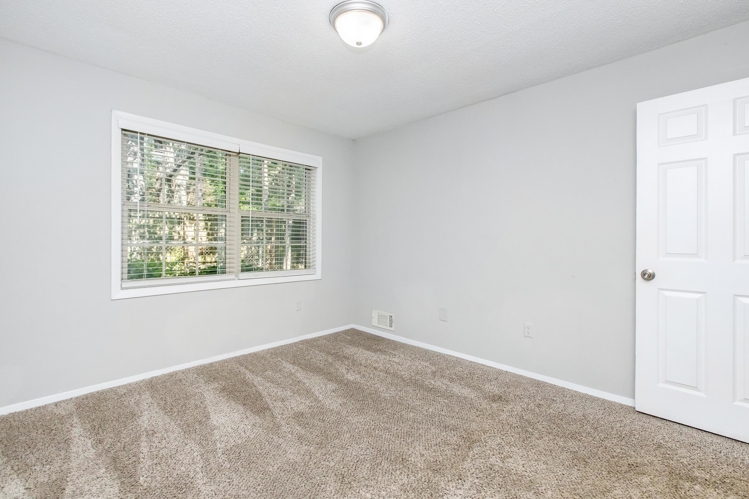 A spacious, empty room with light gray walls and tan carpet. There is a large window with white blinds allowing natural light to filter in. A simple white ceiling light fixture is mounted overhead, and a closed white door is visible on the right side of the image. The room appears clean and well-maintained.