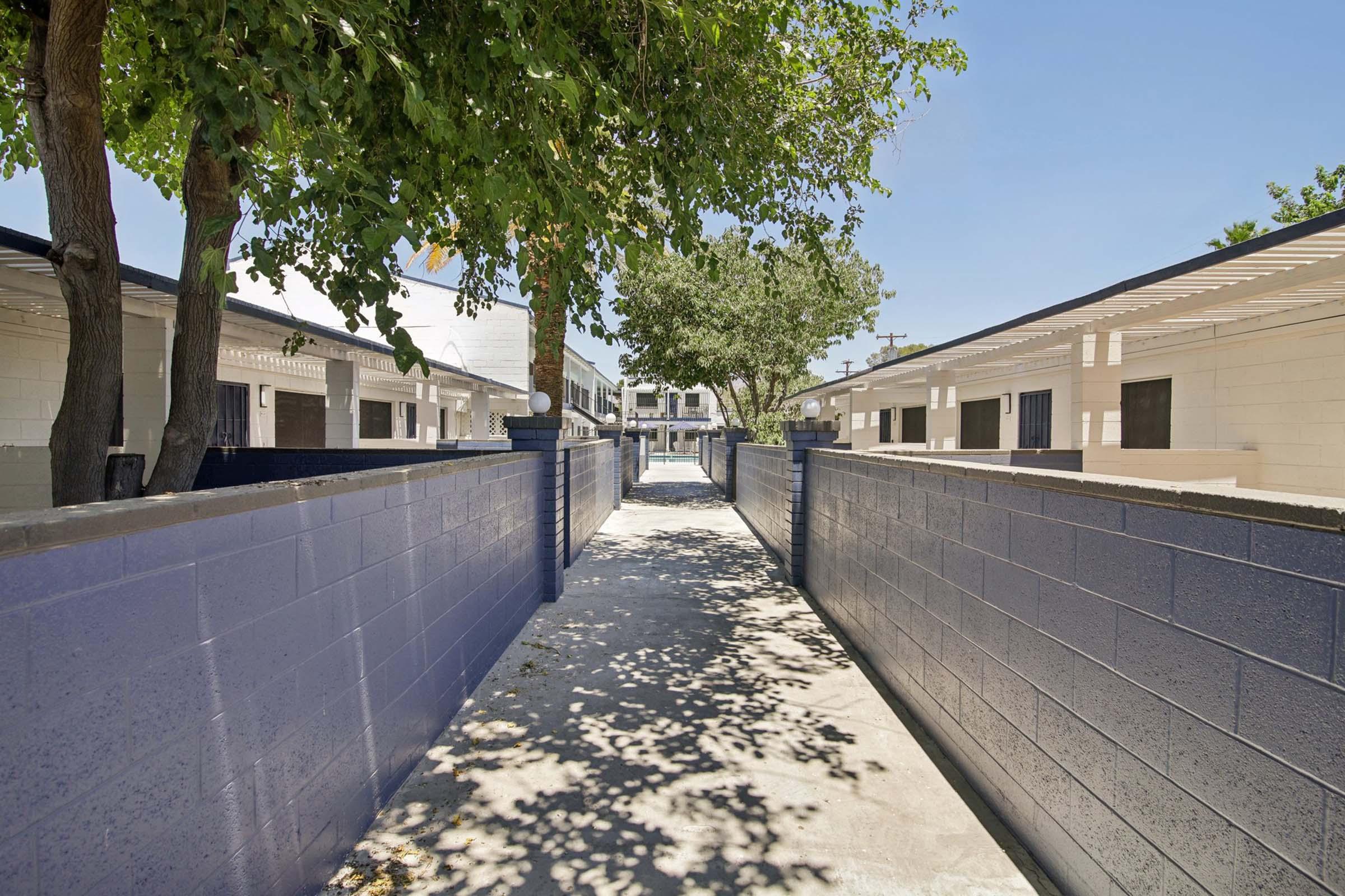 a path with trees on the side of a building