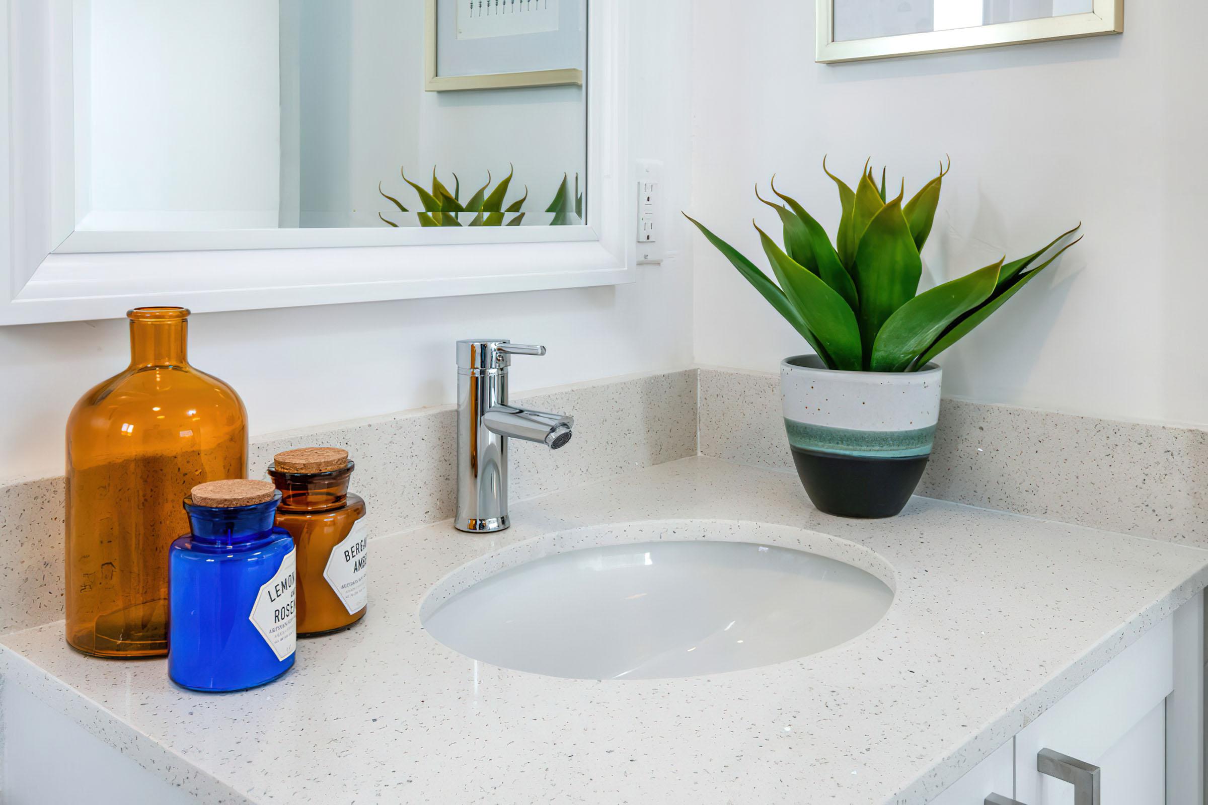 a vase of flowers sitting on a counter next to a sink