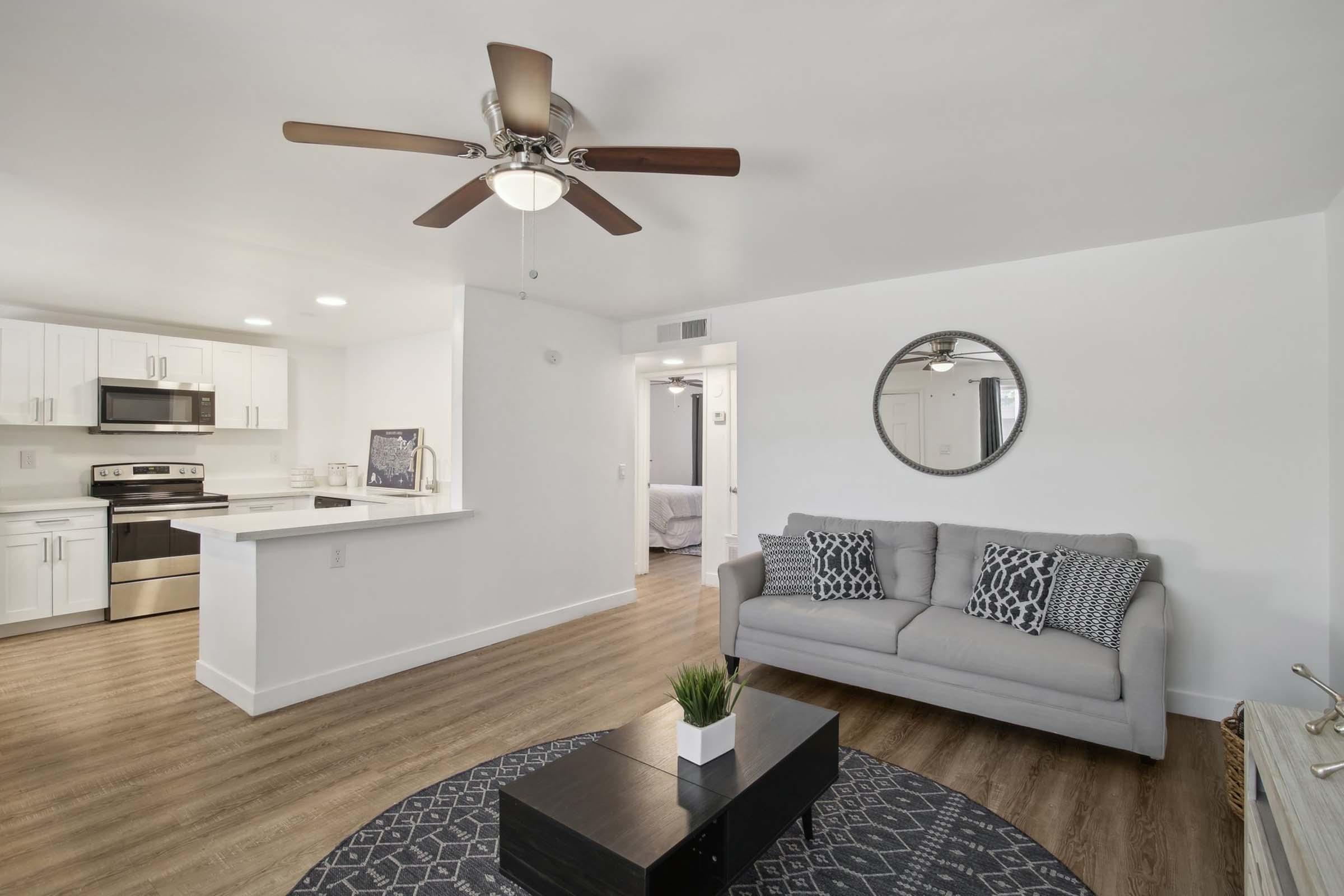 a living room filled with furniture and a mirror