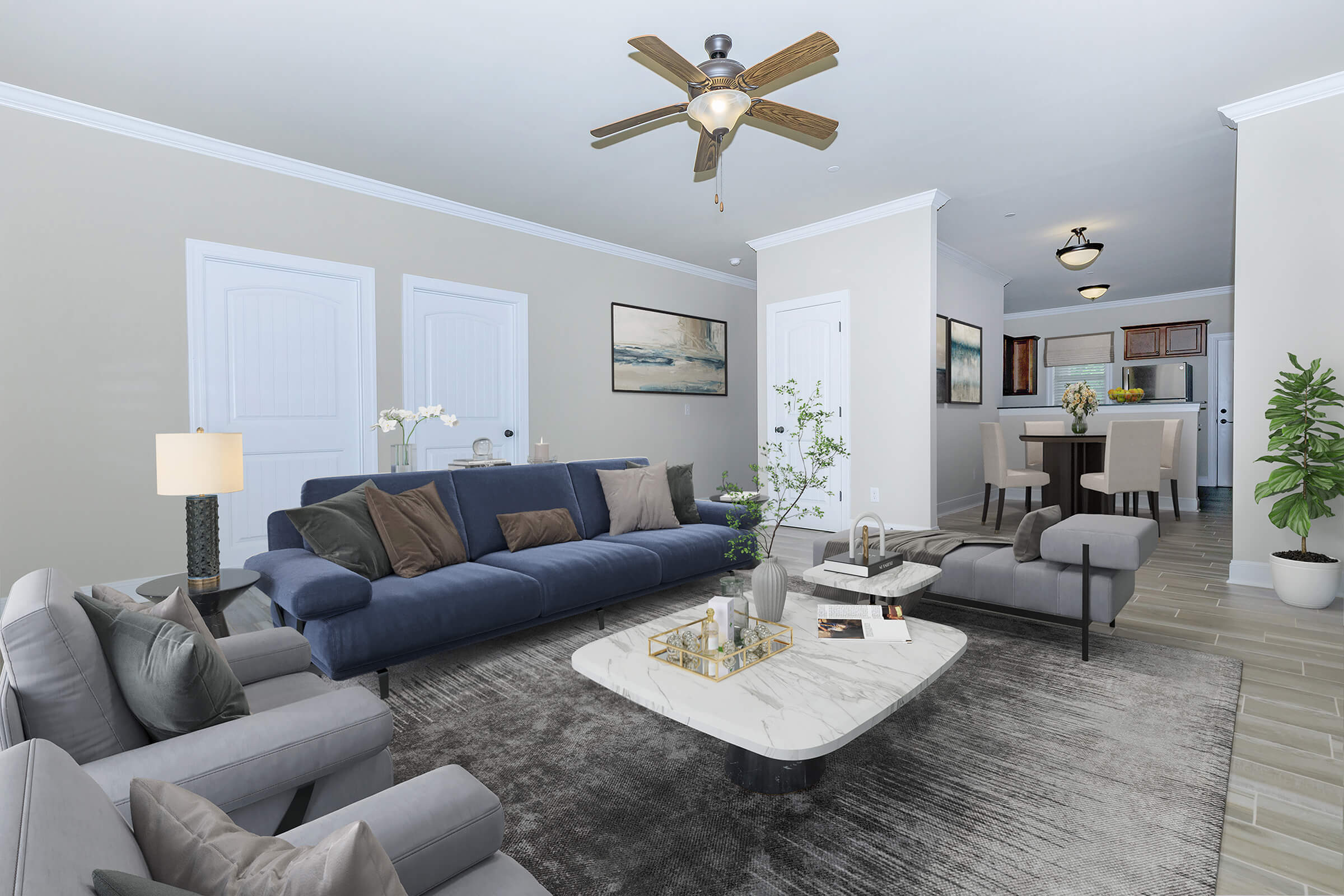 living room with ceiling fan in Huntsville, AL