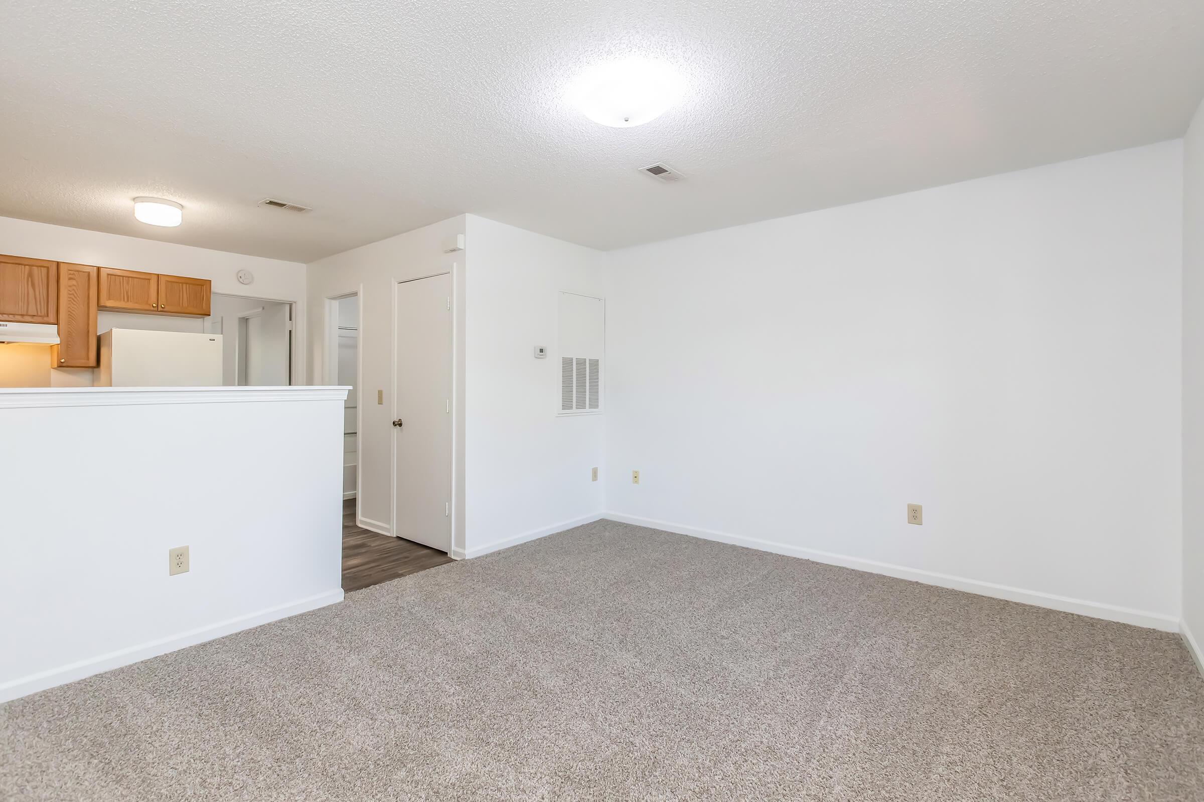 A spacious, empty living room with light-colored carpet and white walls. The room features a ceiling light, an entry to a kitchen area with wooden cabinetry, and a doorway leading to another room. Natural light floods the space, giving it a bright and open feel.