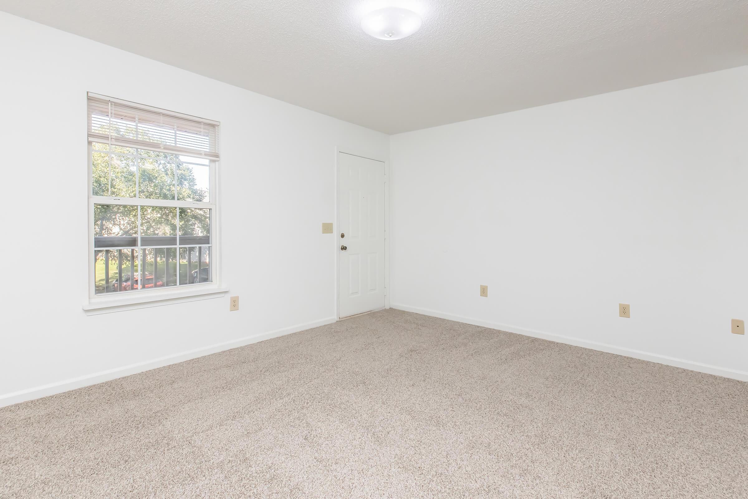 A spacious, empty room with light beige carpet and white walls. A partially open door leads outside, and a window lets in natural light, showcasing greenery outside. There are no furnishings, making it ideal for personal customization.