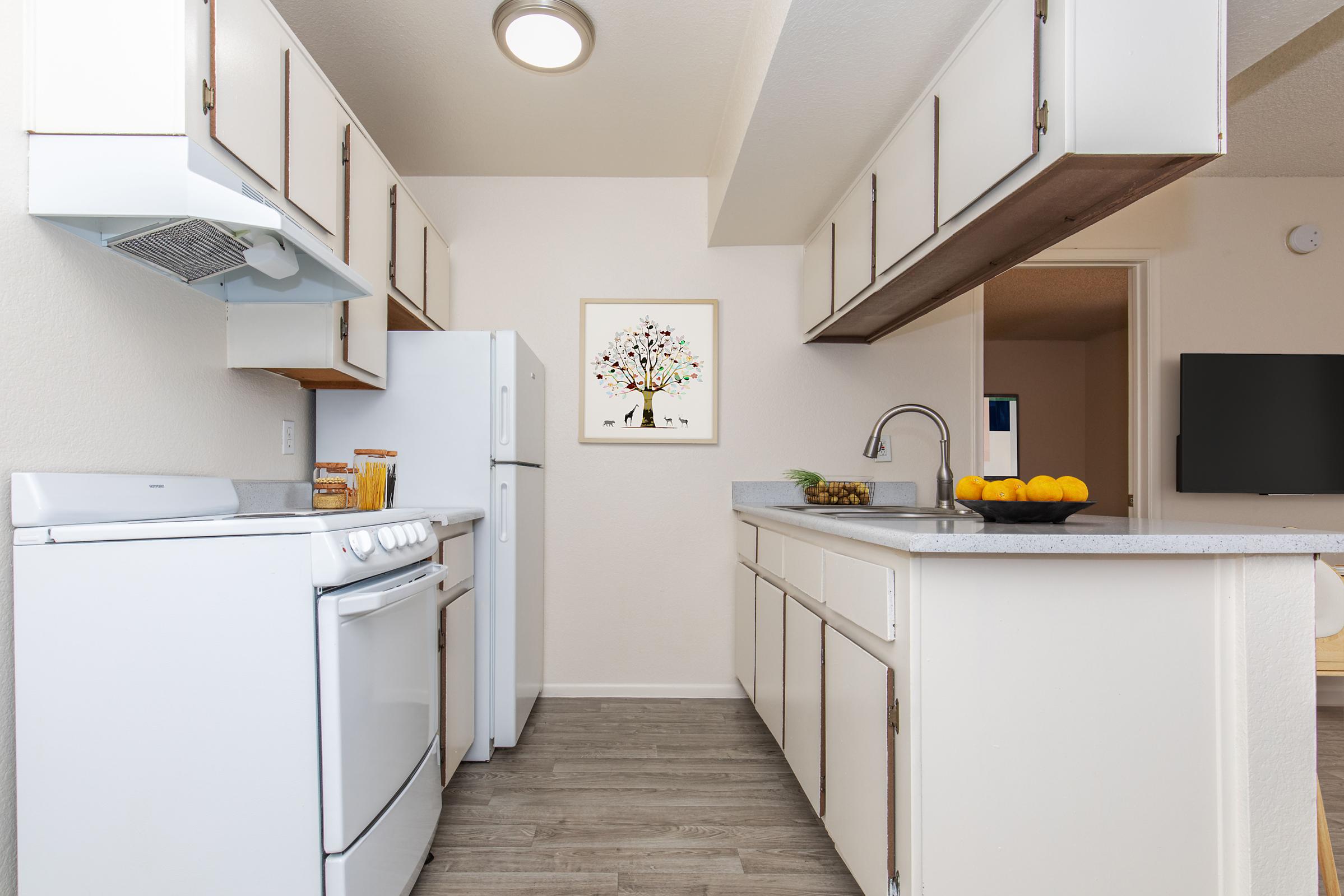 A modern kitchen featuring white cabinetry, stainless steel appliances, and a granite countertop. A sink is located on the island, and a bowl of oranges sits on the counter. A framed tree artwork decorates the wall, and the space is well-lit with natural light. The overall decor is clean and minimalistic.