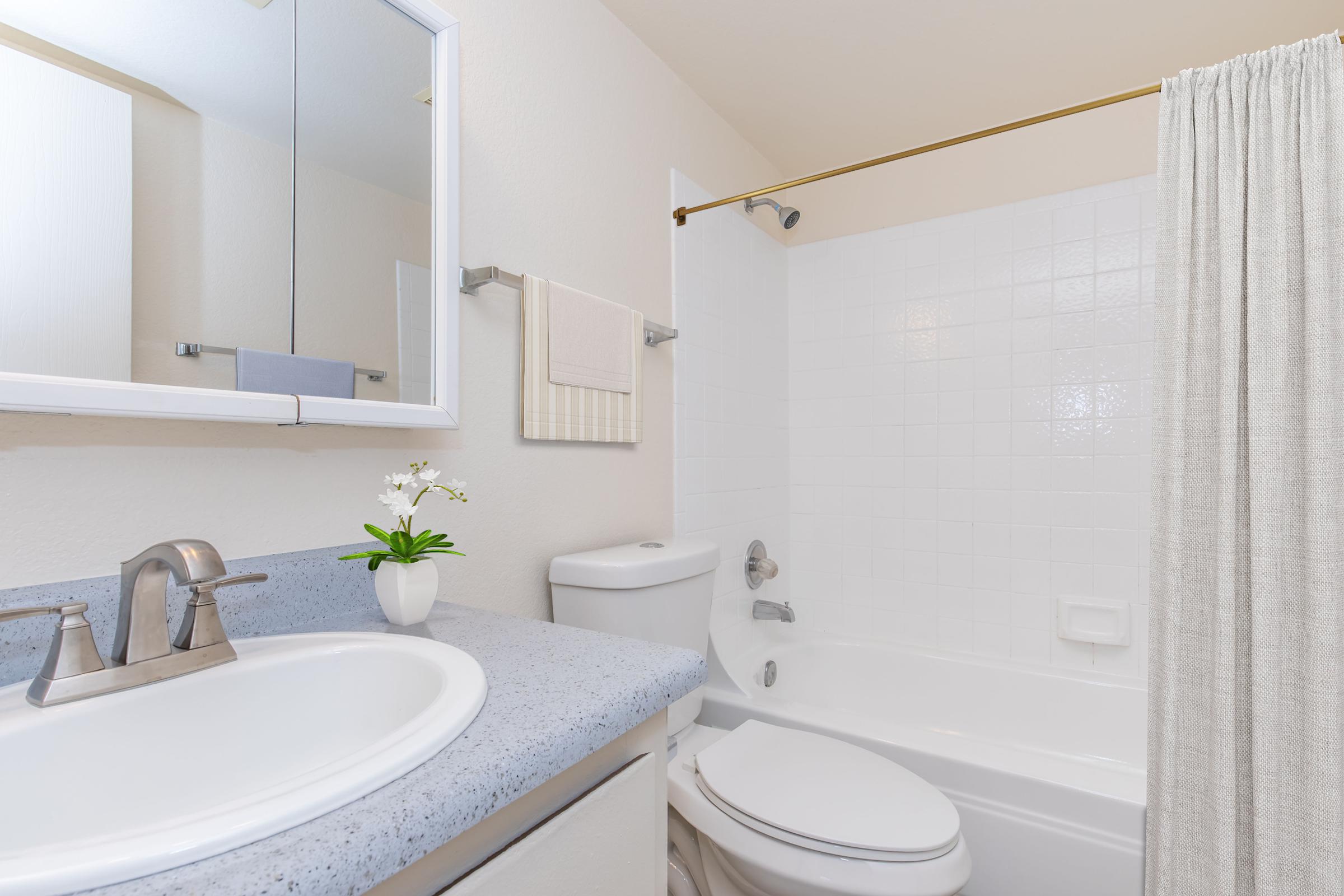 A clean bathroom featuring a white bathtub and shower with a curtain, a toilet, a sink with a silver faucet, and a small potted plant on the countertop. The walls are painted a light color, and there is a mirror above the sink. A towel hangs on the wall nearby.