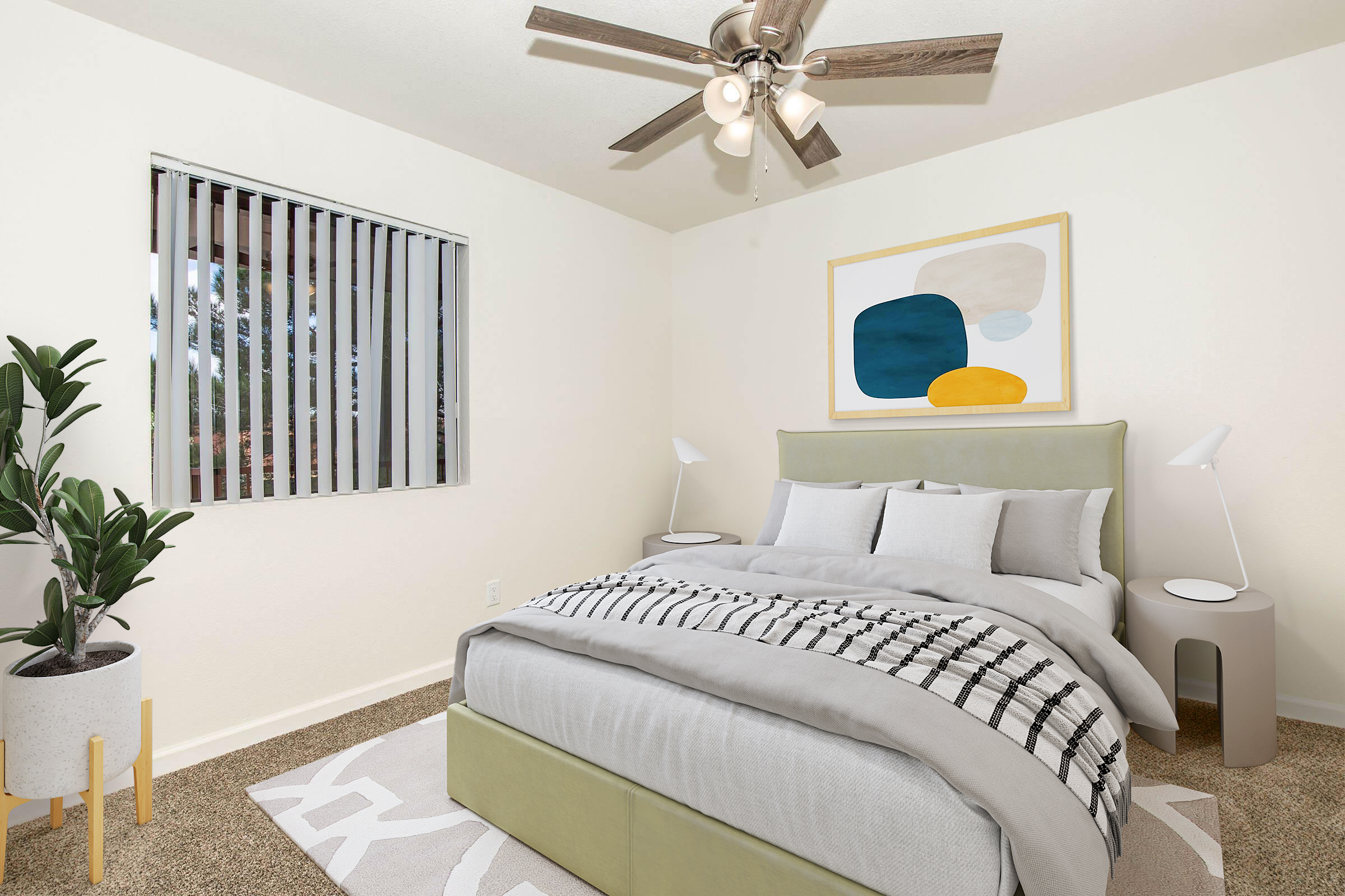 A cozy bedroom featuring a green upholstered bed with gray bedding, two bedside tables with modern lamps, and a large abstract wall art piece. There is a potted plant in one corner and a window with vertical blinds allowing natural light to fill the space. The room has a neutral color palette and a plush rug.