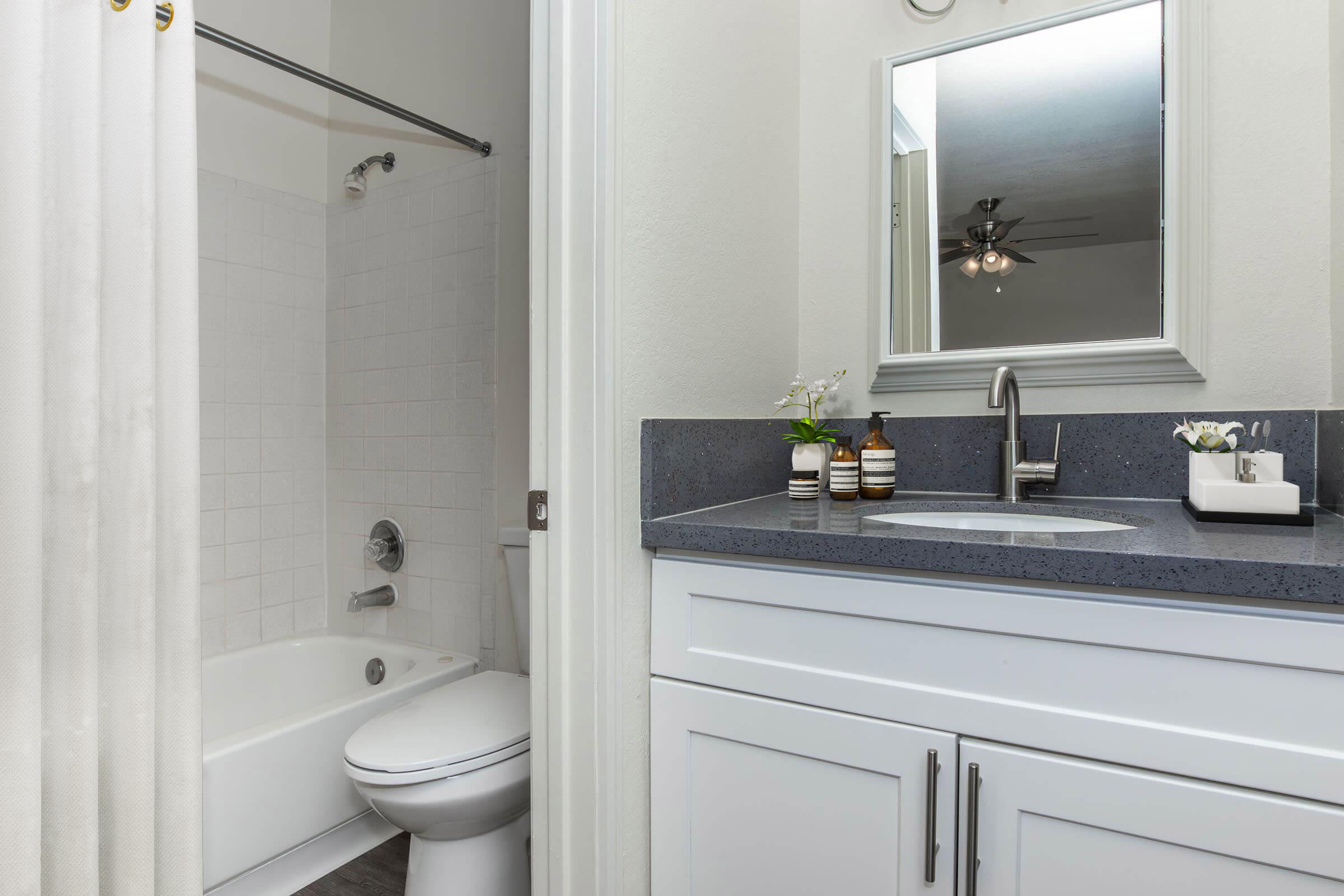 A clean and modern bathroom featuring a bathtub with a shower, a white toilet, and a sleek vanity with a dark countertop. There are decorative items on the vanity, including a small plant and toiletries. The walls are painted in a light color, and a mirror reflects soft lighting from a ceiling fixture.