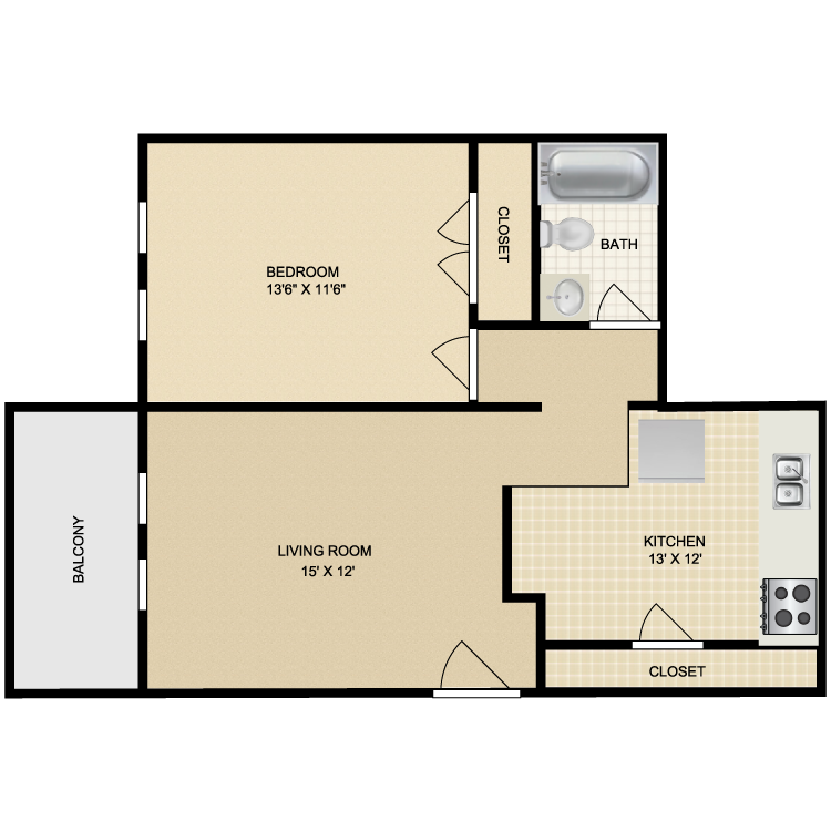 Floor plan image of 1 Bed 1 Bath