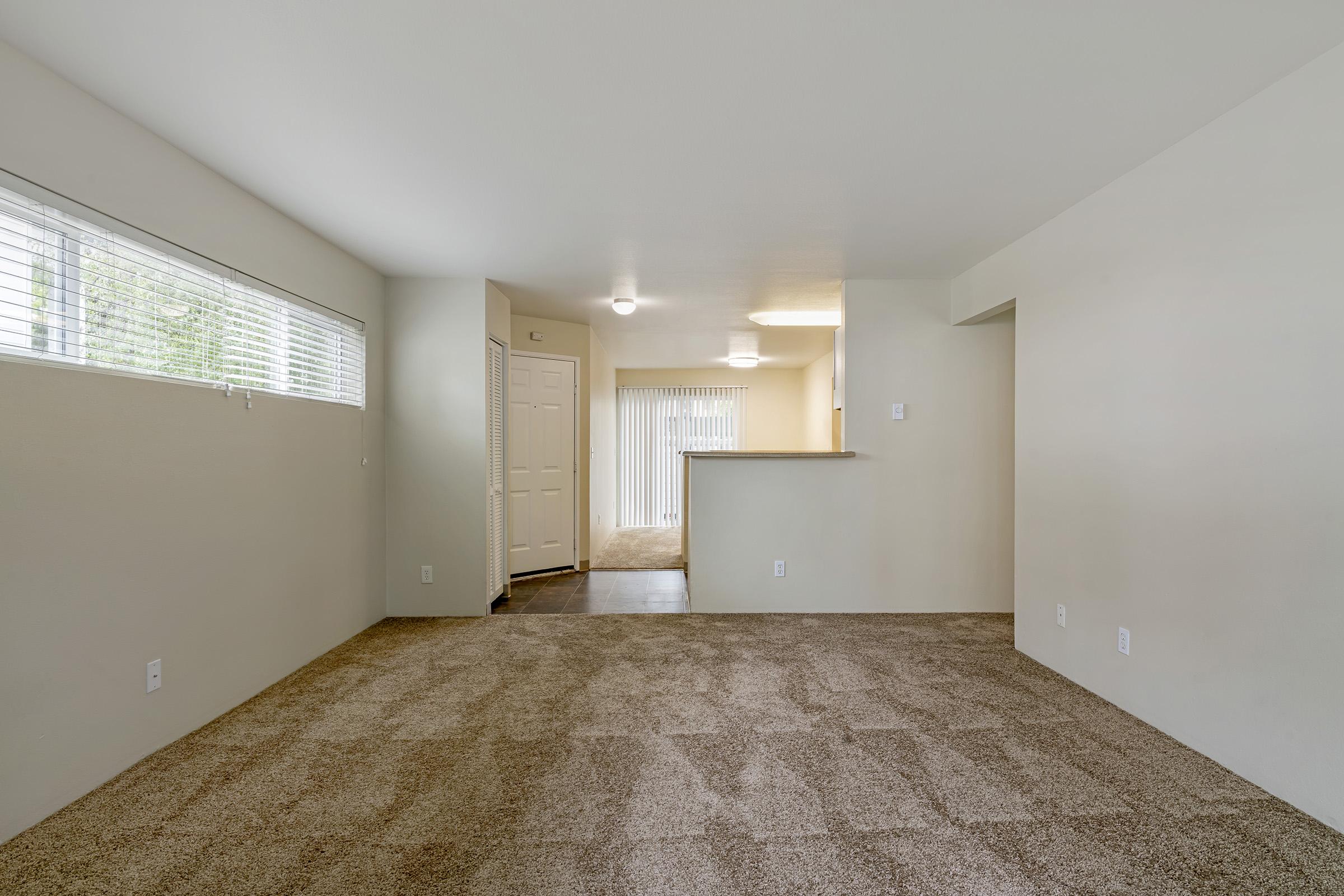 A spacious, empty living room with beige carpet flooring and light-colored walls. There are large windows with vertical blinds on the left side, a door leading to another room in the center, and an open kitchen area visible in the background, creating a bright and airy atmosphere.