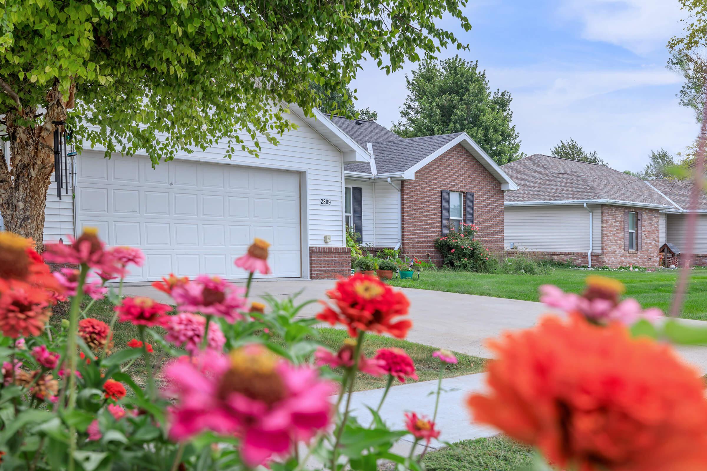 a pink flower is standing in front of a house