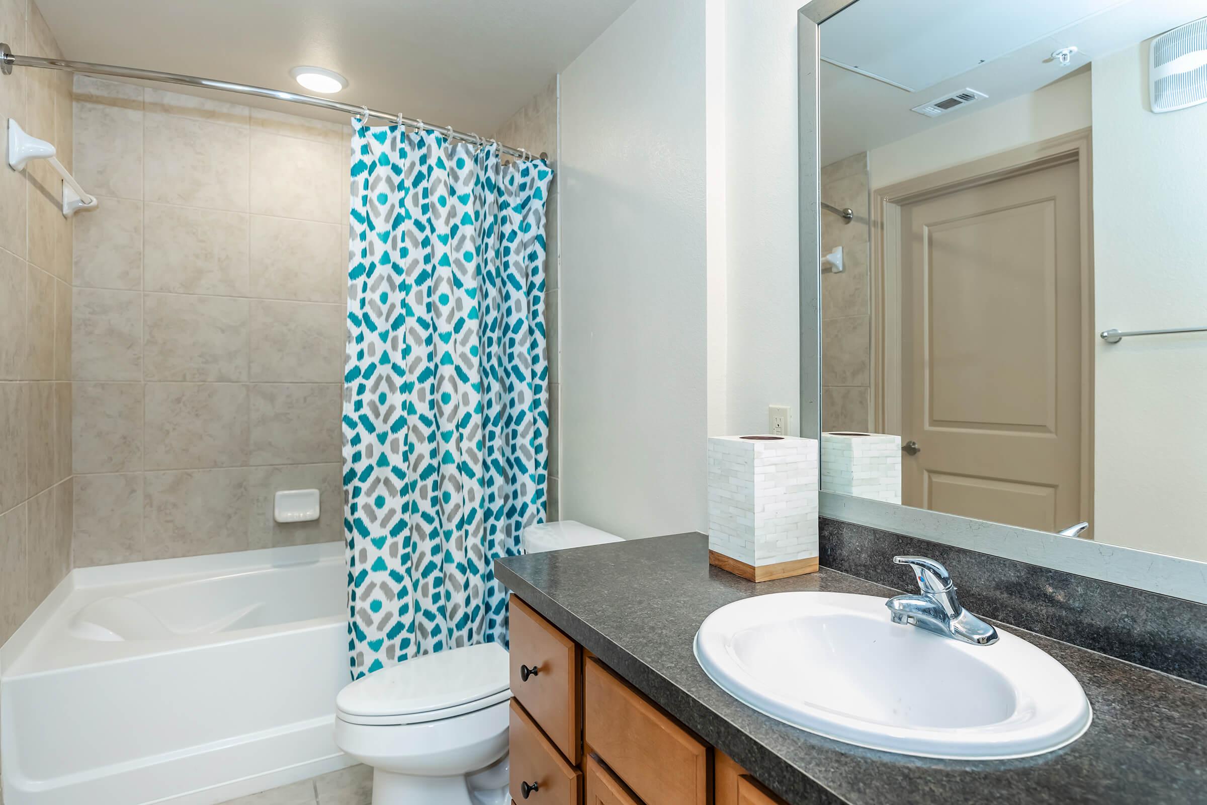 a shower that has a sink and a mirror