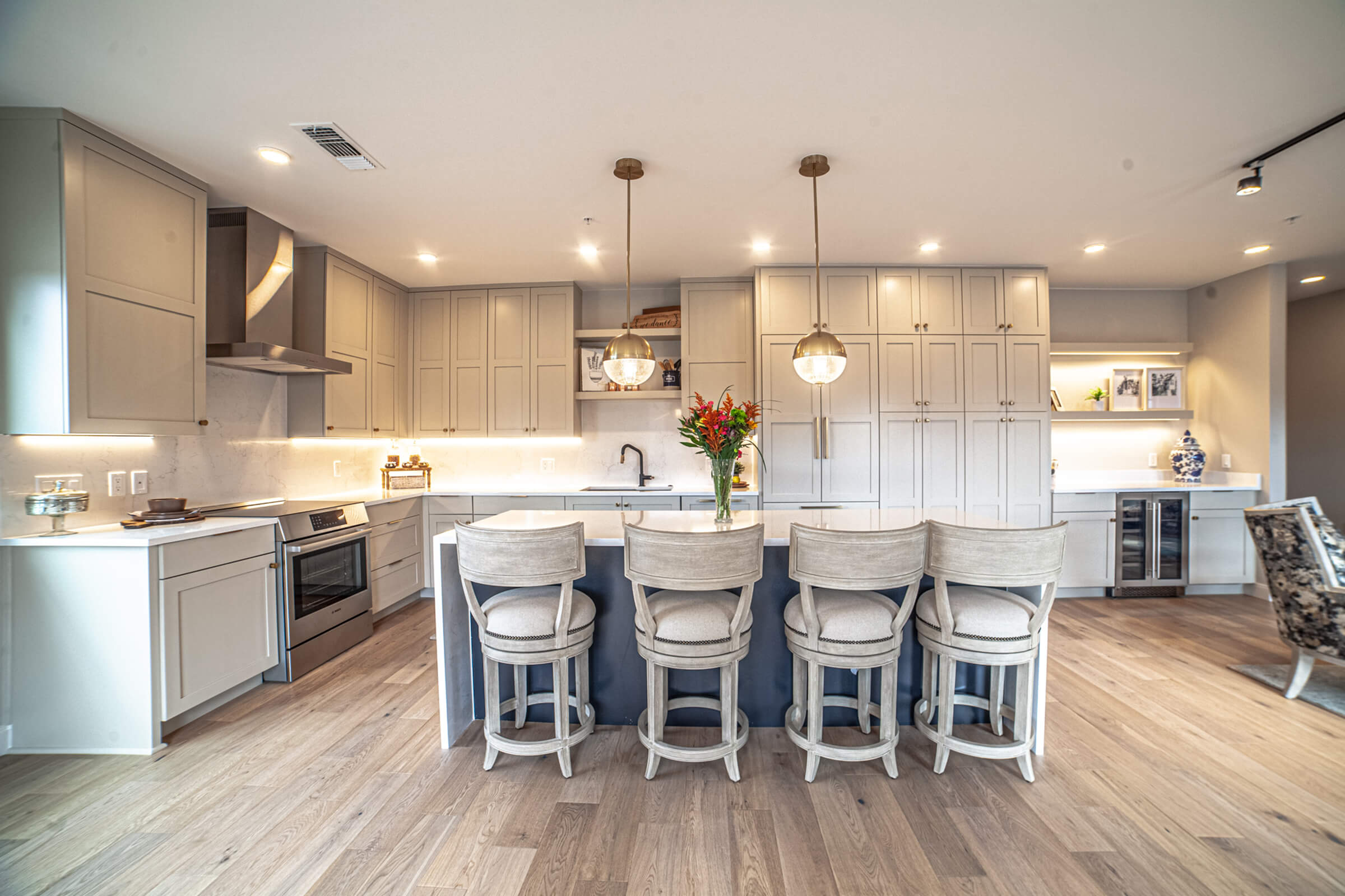 a kitchen with a wood floor