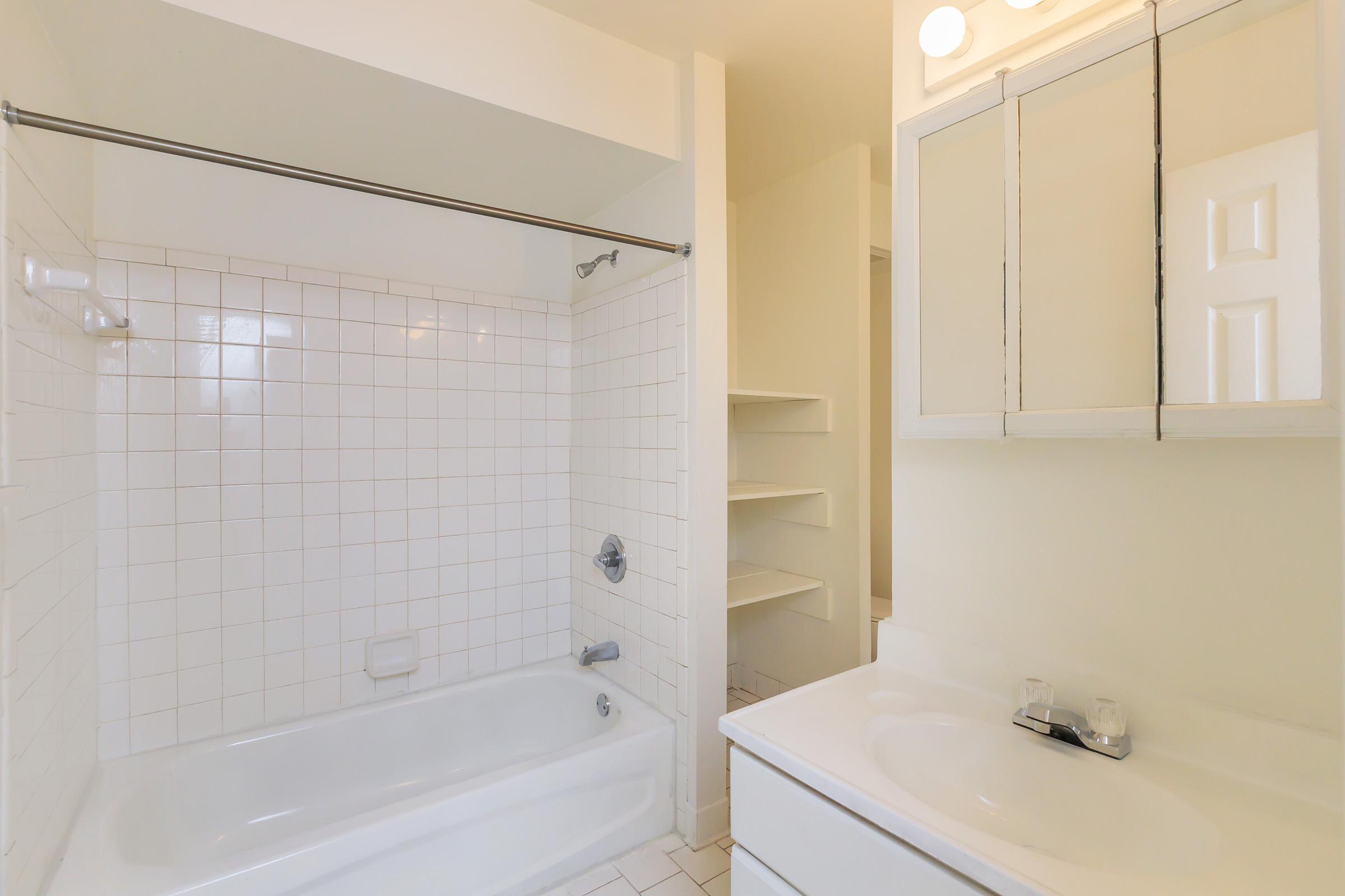 a room with a sink and a bath tub