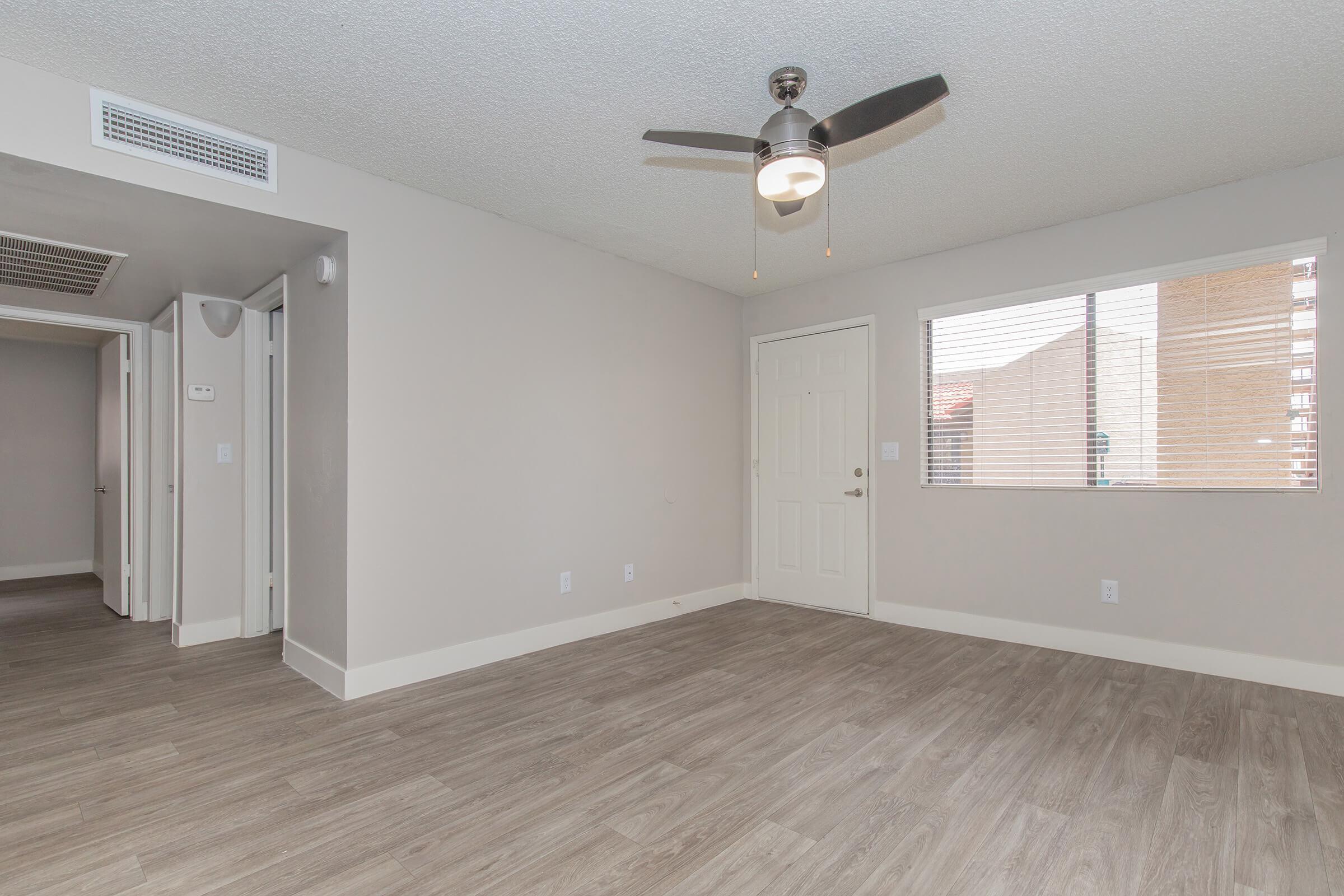 Apartment entryway leading into a spacious living room with a ceiling fan and large window